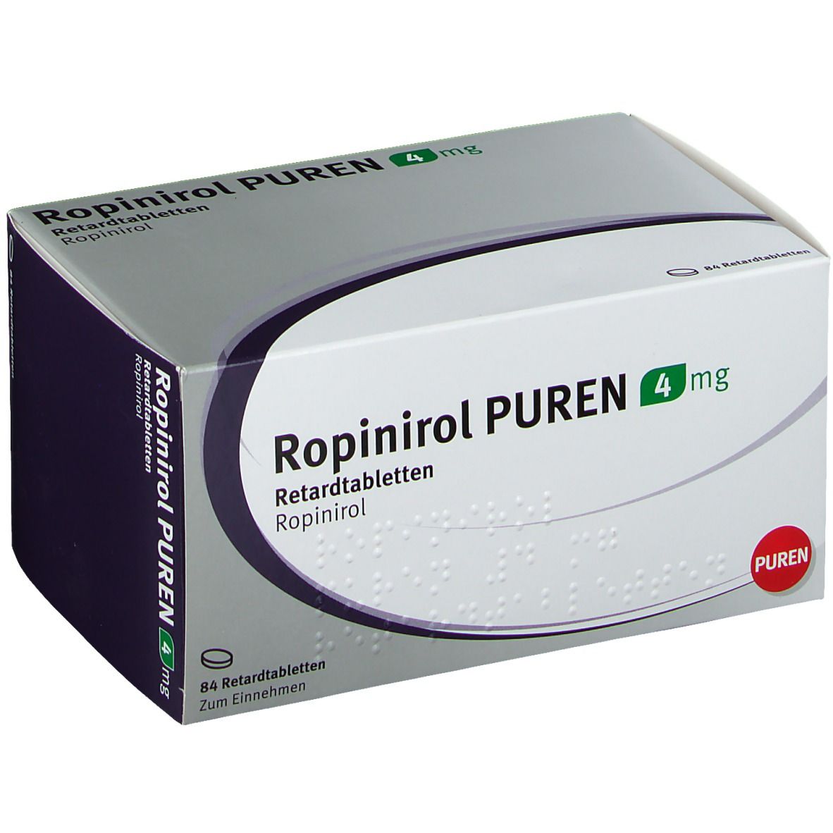 Schachtel mit Ropinirol PUREN 4 mg. Aufschrift: Retardtabletten. 84 Tabletten. PUREN-Logo. Weiß, grau und dunkelblau.