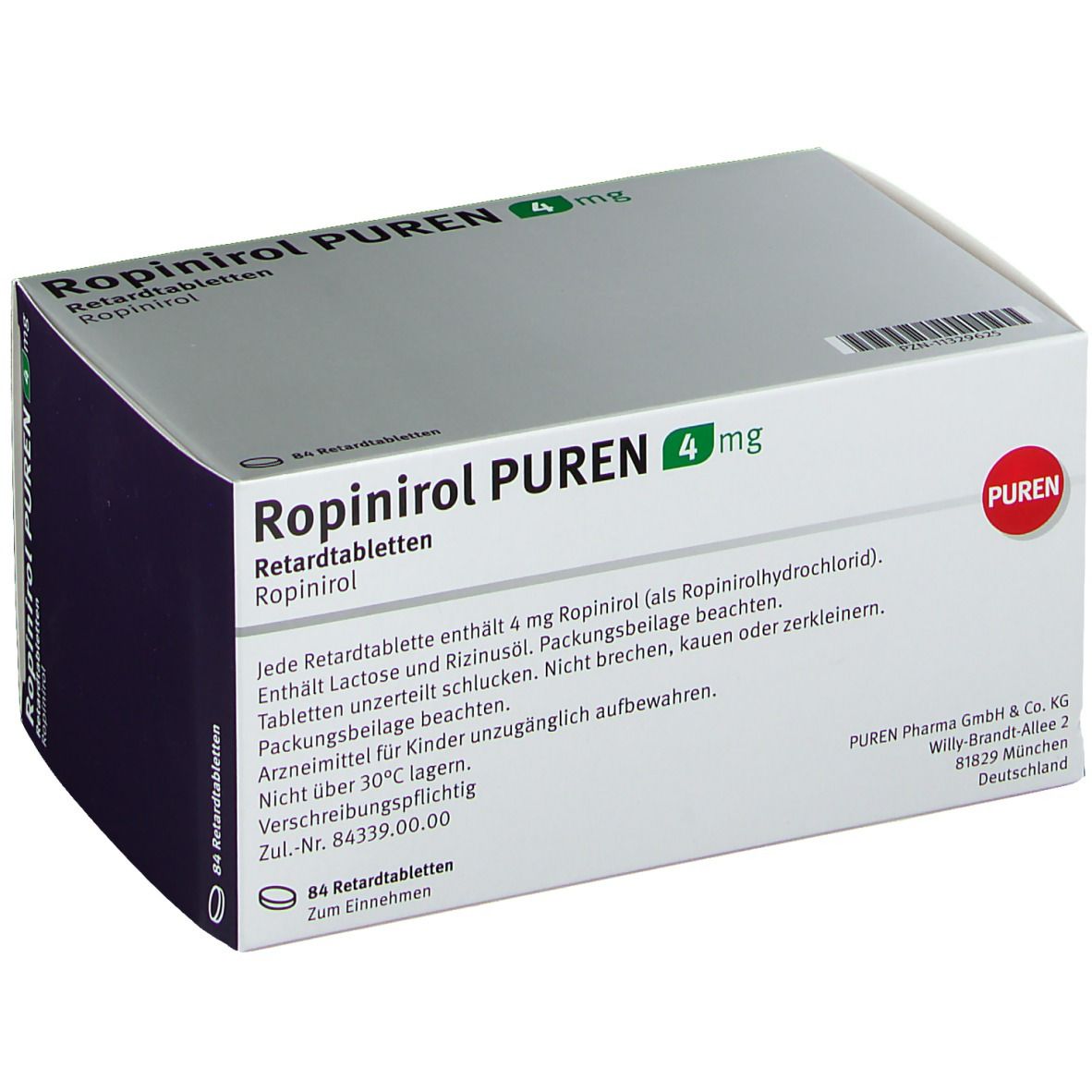 Schachtel Ropinirol PUREN 4 mg. Aufschrift: Retardtabletten. 84 Tabletten. PUREN-Logo. Text auf Deutsch. Weiß, grau und dunkelblau.