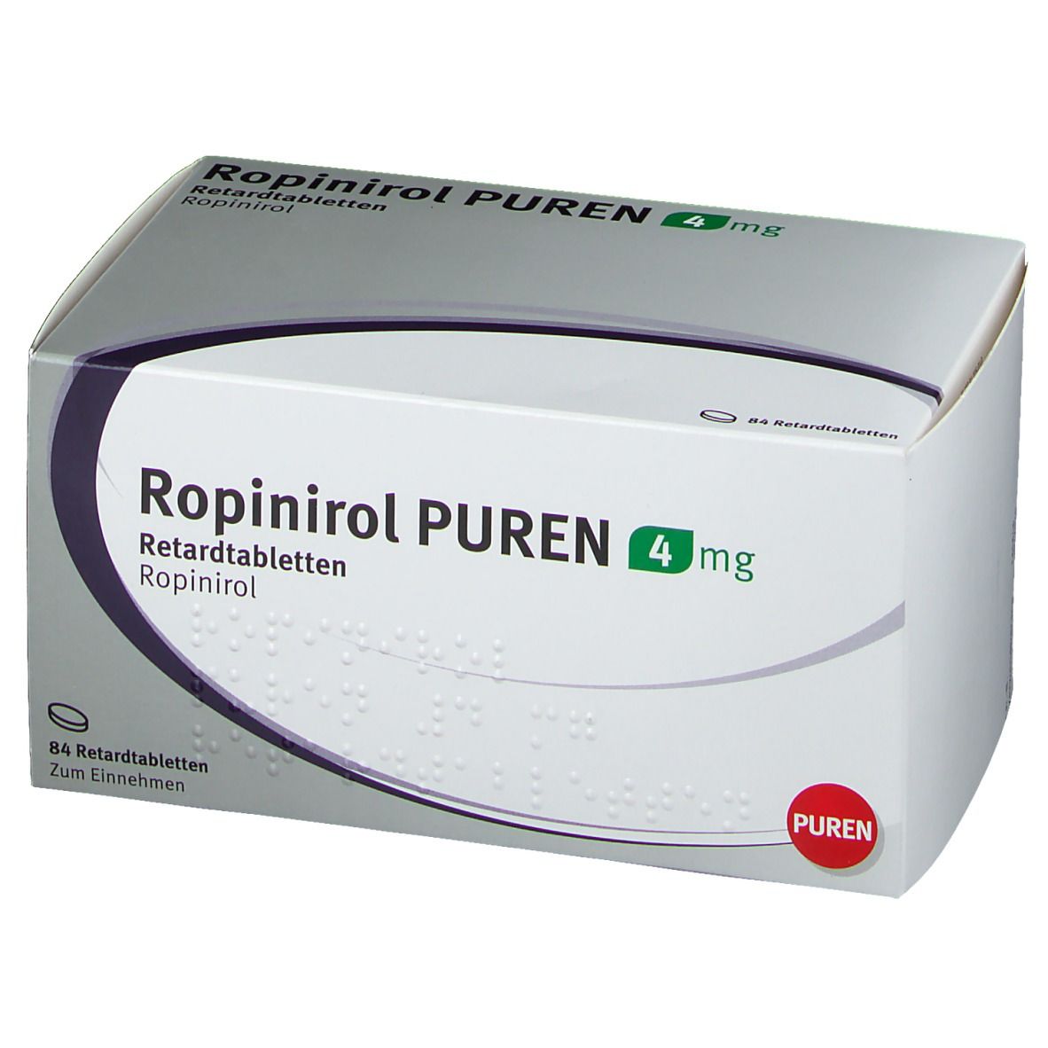 Schachtel Ropinirol PUREN 4 mg. Aufschrift: Retardtabletten. 84 Tabletten. PUREN-Logo. Weiß, grau und dunkelblau.