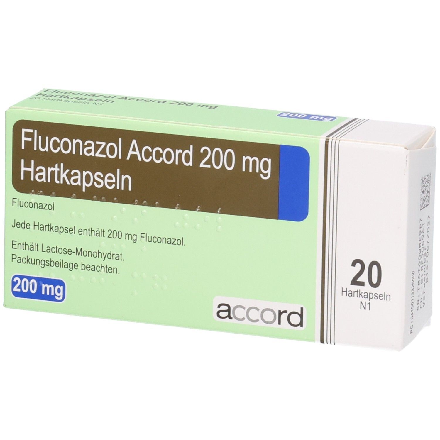 Packung Fluconazol Accord 200 mg Hartkapseln, 20 Stück. Grüne und weiße Faltschachtel mit blauen und braunen Akzenten.