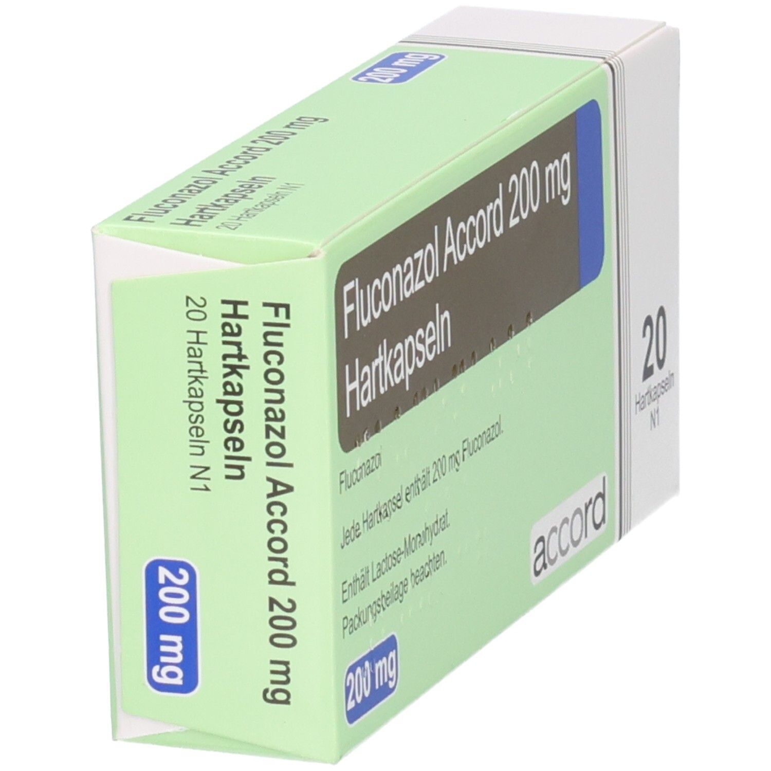 Fluconazol Accord 200 mg Hartkapseln, 20 Stück. Schrägansicht der grünen und weißen Faltschachtel.