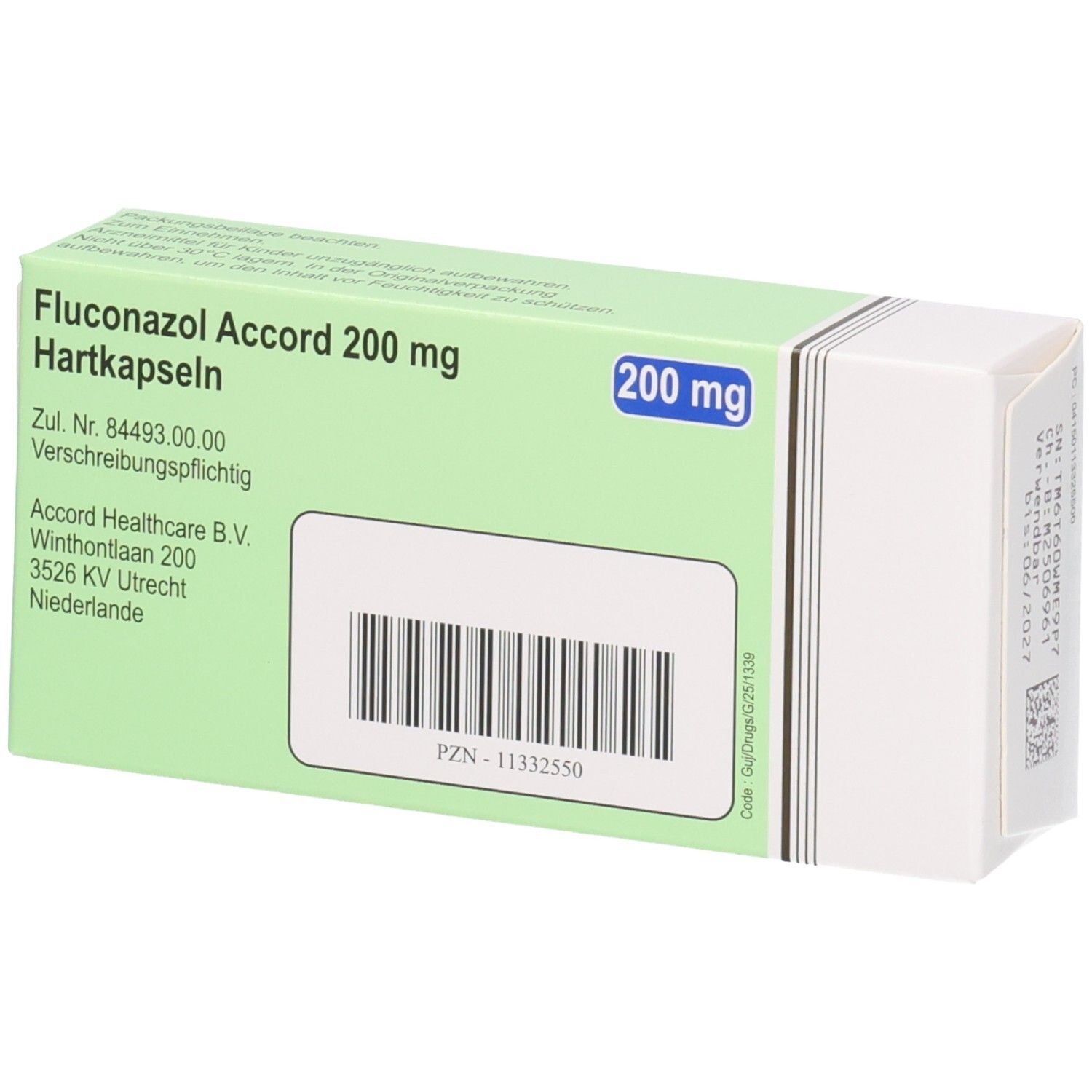 Rückseite der Packung Fluconazol Accord 200 mg Hartkapseln. Enthält Zulassungsnummer und Herstelleradresse.