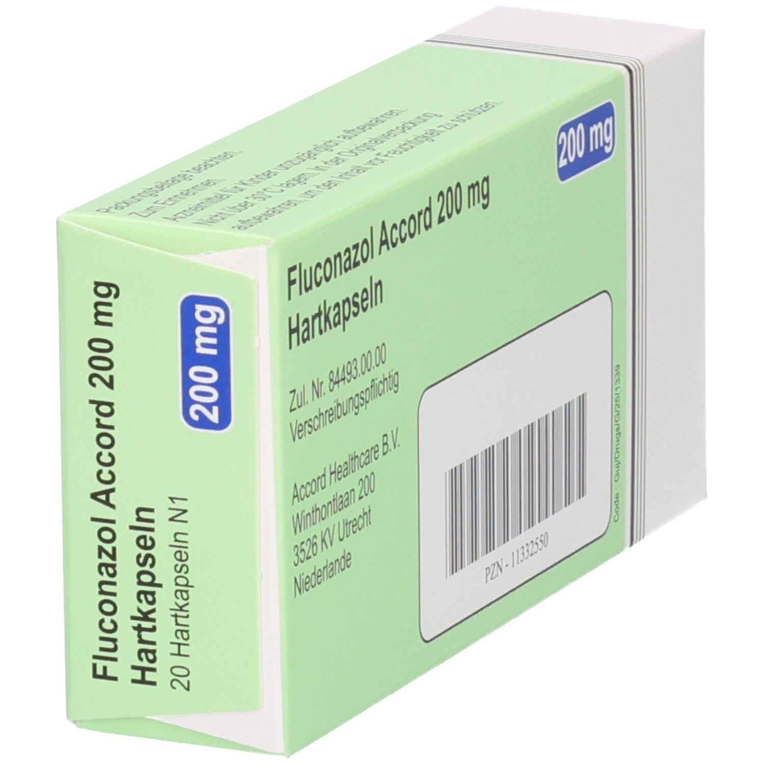 Seitenansicht der Packung Fluconazol Accord 200 mg Hartkapseln. Zeigt die Menge von 20 Hartkapseln.