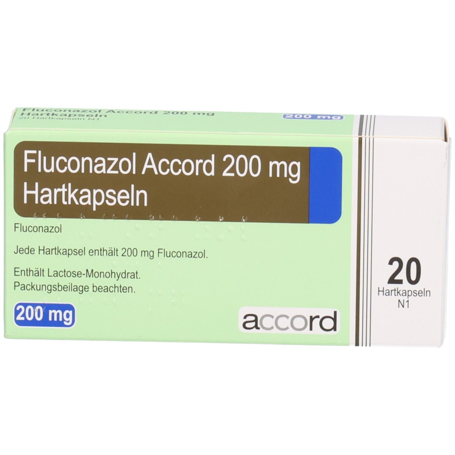 Vorderseite der Packung Fluconazol Accord 200 mg Hartkapseln. Enthält Dosierung und Produktinformationen.
