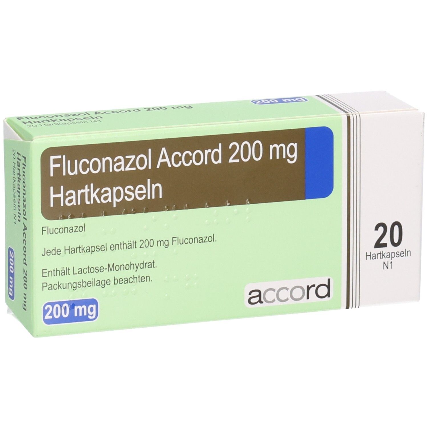 Packung Fluconazol Accord 200 mg Hartkapseln. Nahaufnahme der Vorderseite mit Produkt- und Dosierungsdetails.