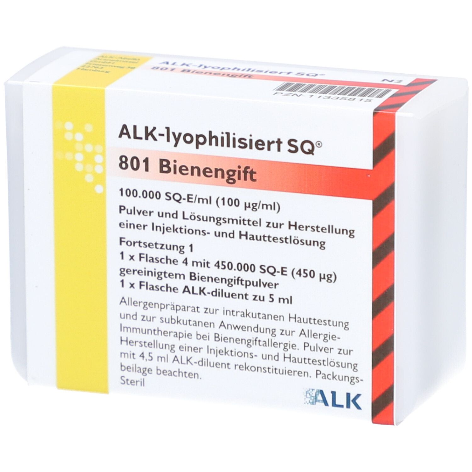 Verpackung von ALK-lyophilisiert SQ® 801 Bienengift. Enthält Text mit Produktinformationen und ALK-Logo.