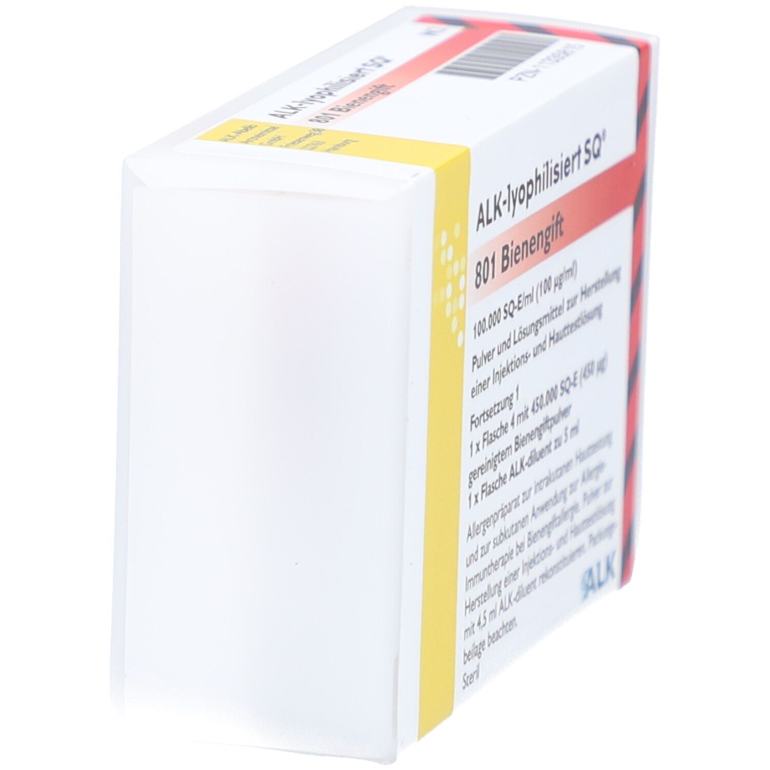 Seitenansicht der Verpackung von ALK-lyophilisiert SQ® 801 Bienengift. Weißer Karton mit Text.