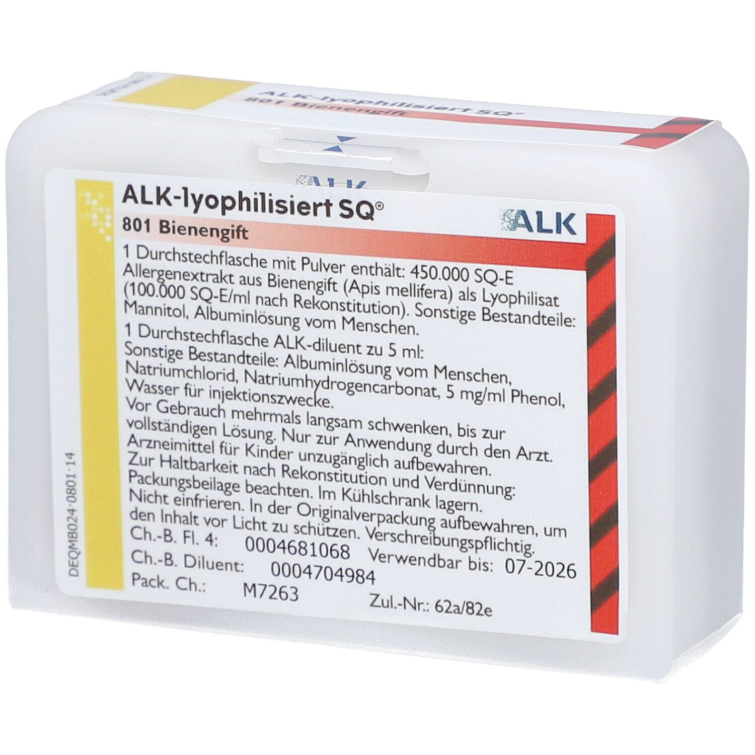 Geöffnete Verpackung von ALK-lyophilisiert SQ® 801 Bienengift. Text auf weißem Hintergrund.