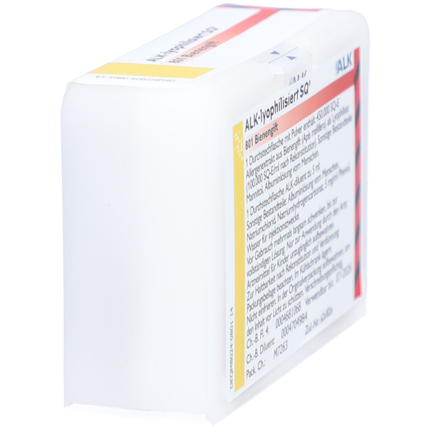 Seitenansicht der geöffneten Verpackung von ALK-lyophilisiert SQ® 801 Bienengift. Text sichtbar.
