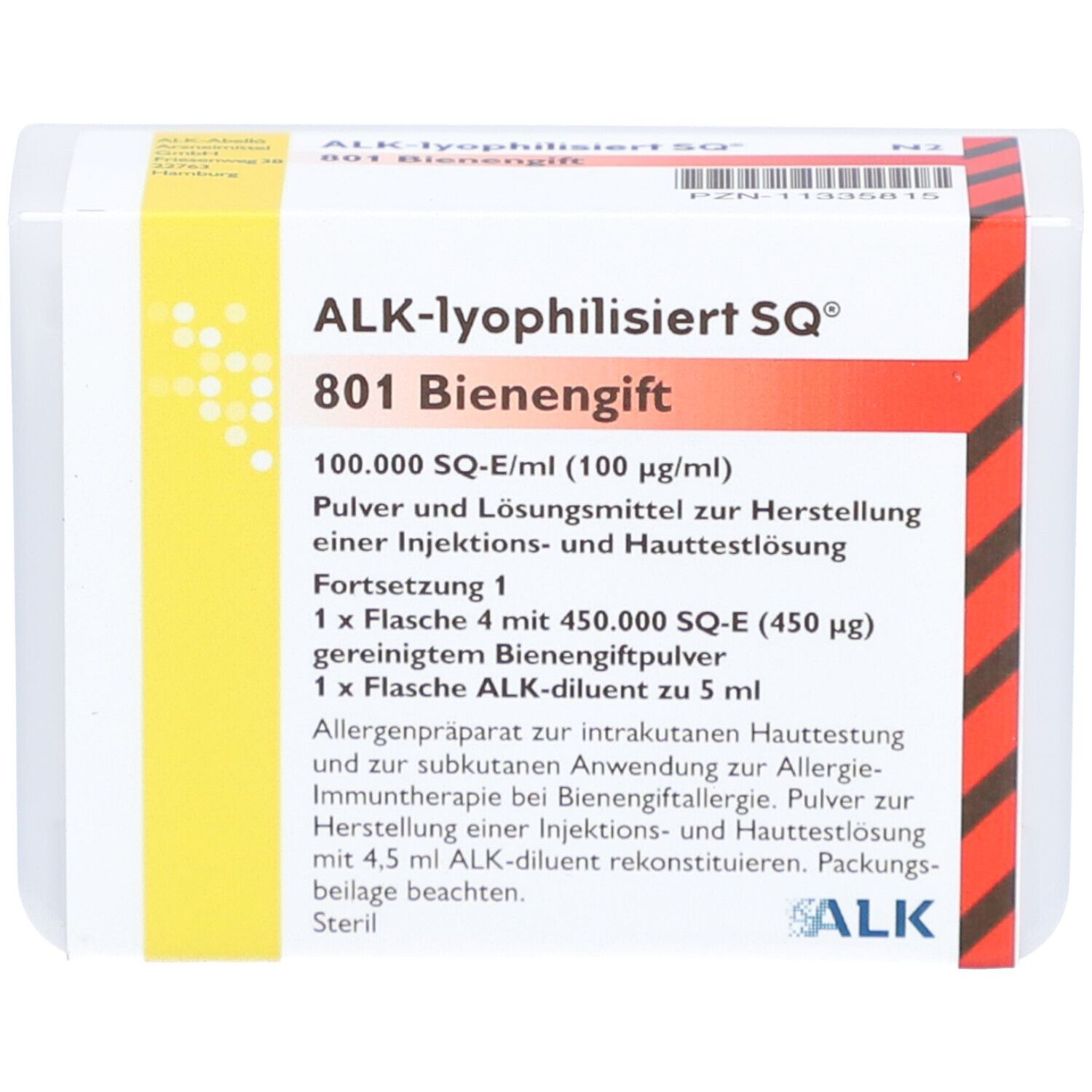 Verpackung von ALK-lyophilisiert SQ® 801 Bienengift. Text mit Produktinformationen und ALK-Logo.