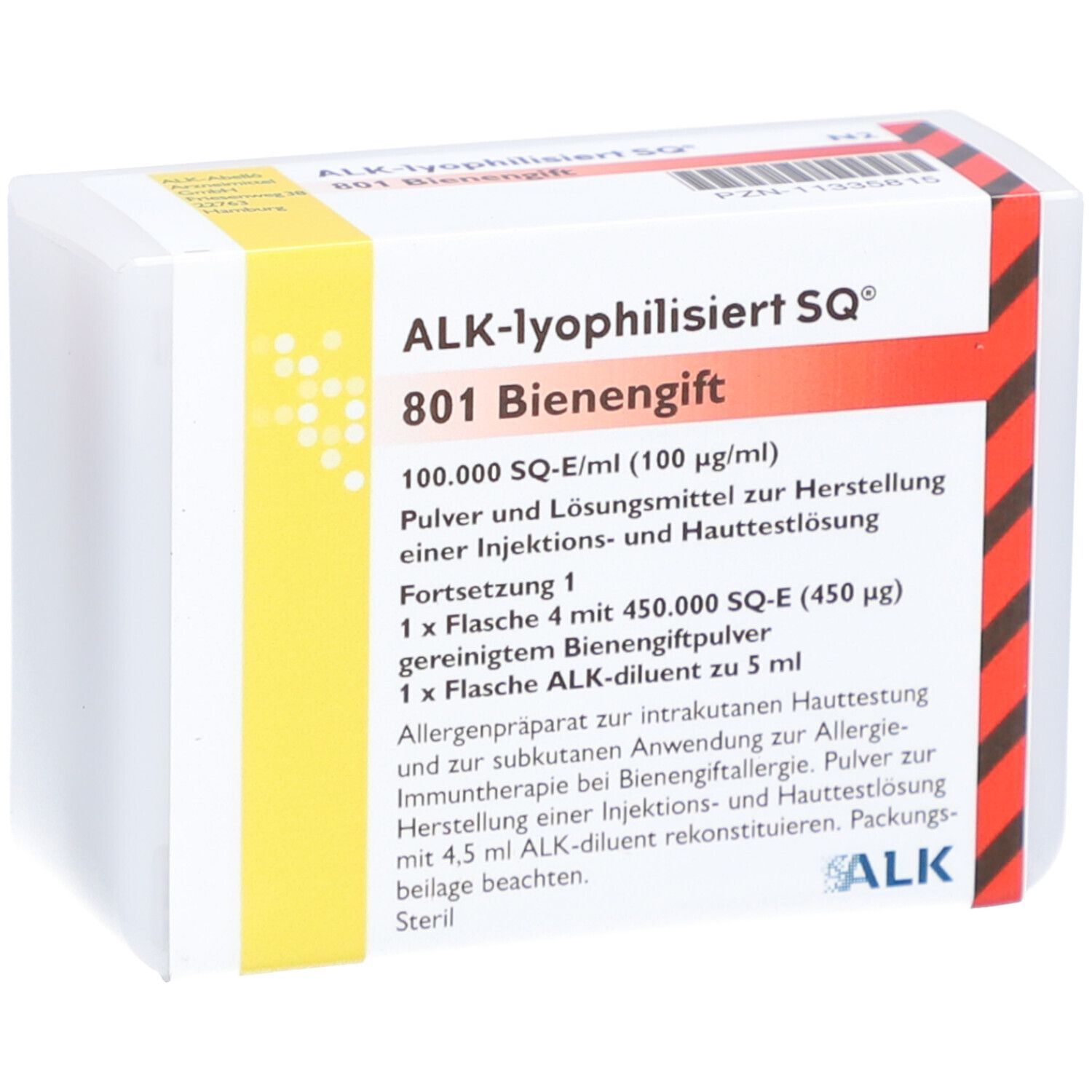 Verpackung von ALK-lyophilisiert SQ® 801 Bienengift. Text mit Produktinformationen und ALK-Logo.