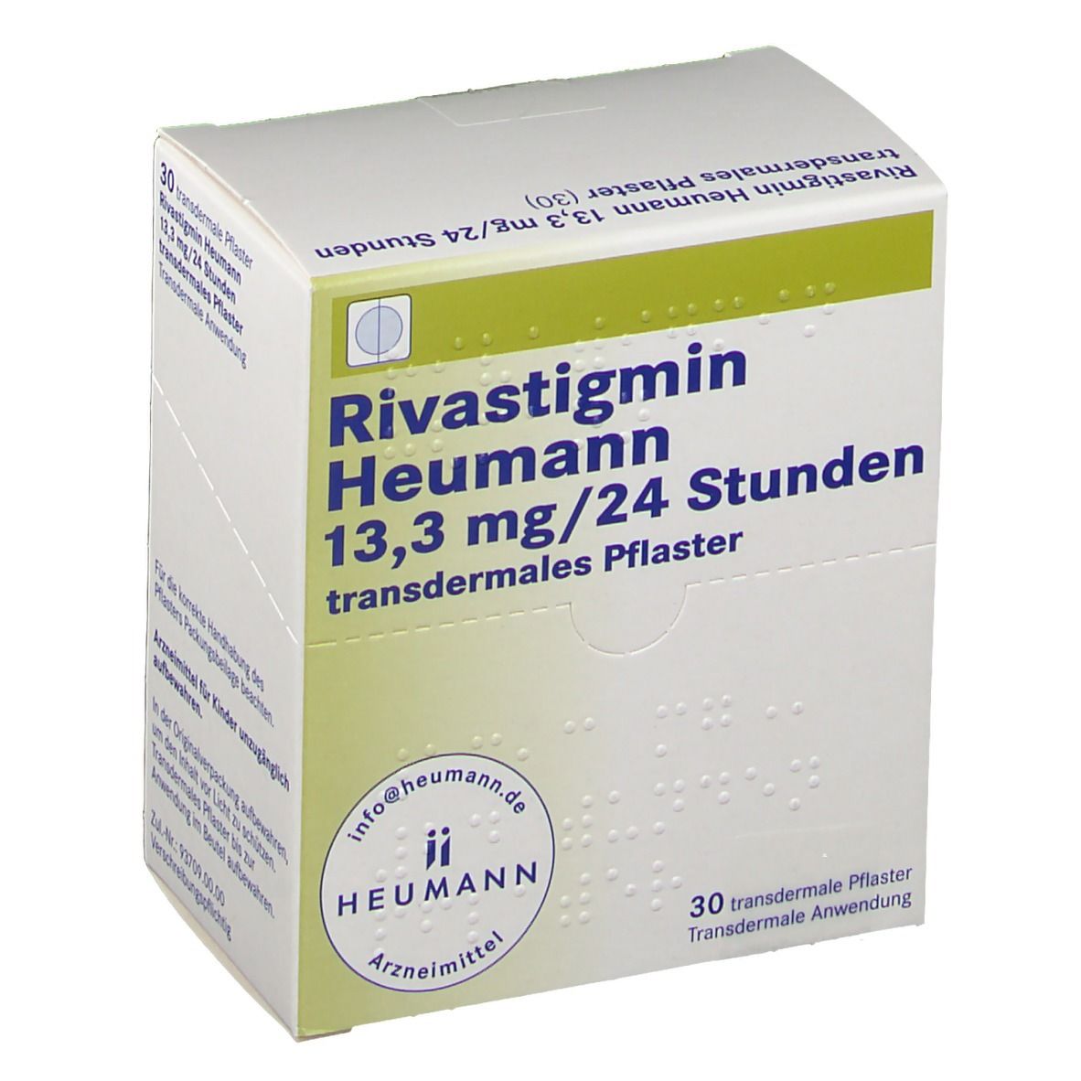 Weißer Karton mit blauer Schrift: Rivastigmin Heumann 13,3 mg/24 Stunden transdermales Pflaster. 30 Stück.