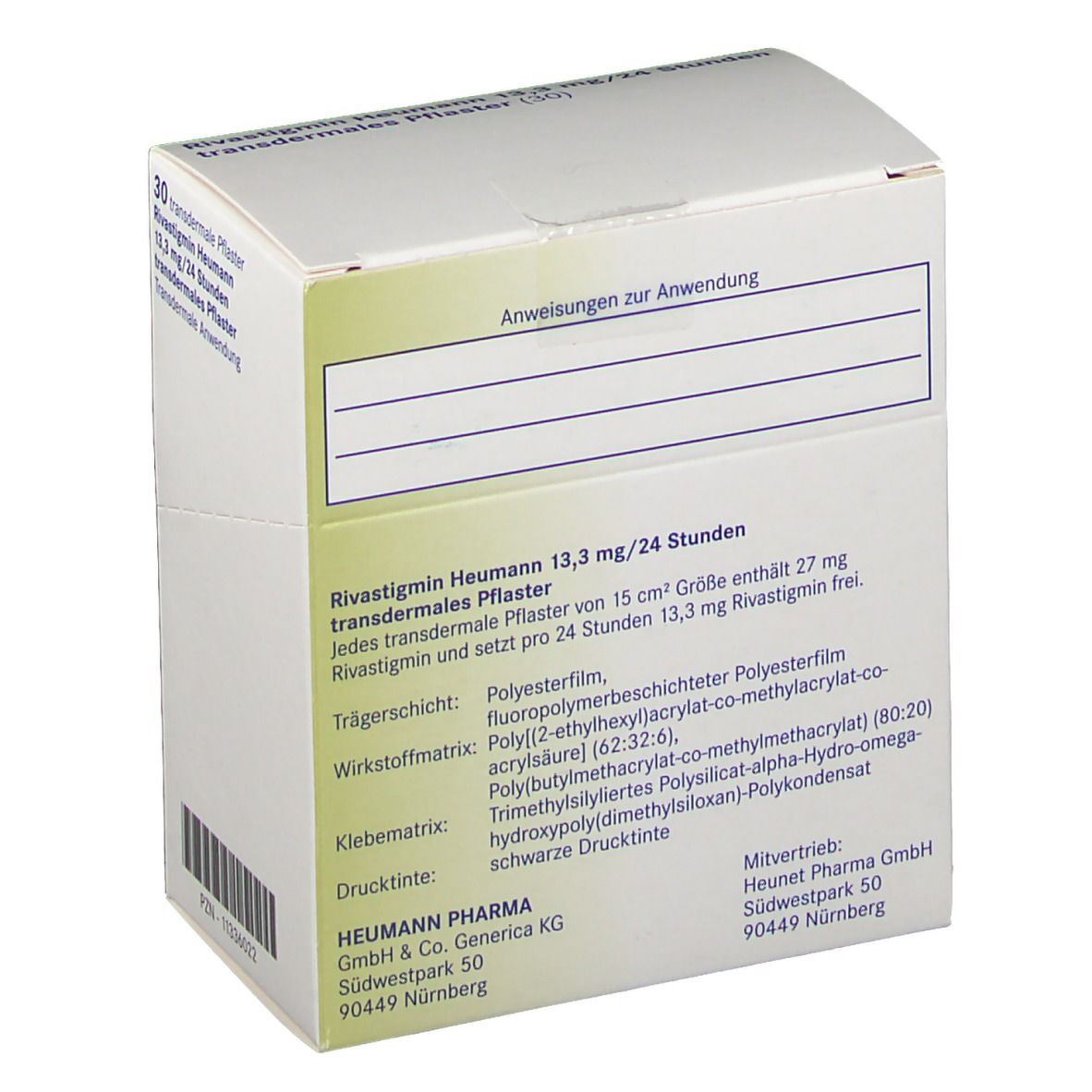 Rückseite des weißen Kartons mit Informationen: Rivastigmin Heumann 13,3 mg/24 Stunden transdermales Pflaster. Inhaltsstoffe.