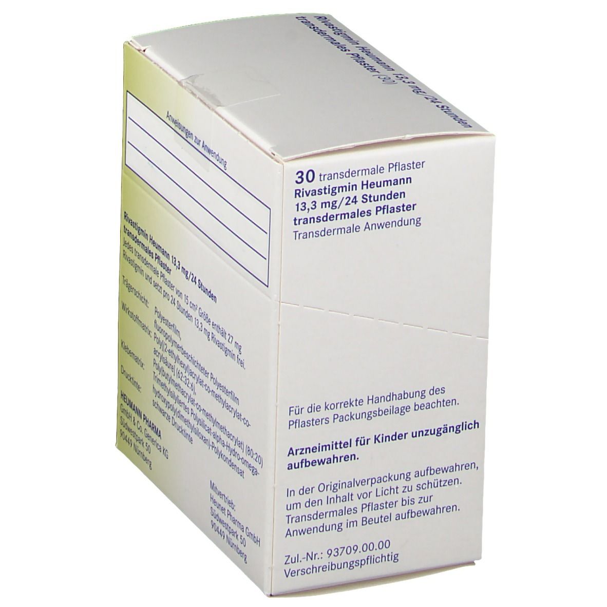 Seitenansicht des weißen Kartons mit Informationen: Rivastigmin Heumann 13,3 mg/24 Stunden transdermales Pflaster. Anwendungshinweise.