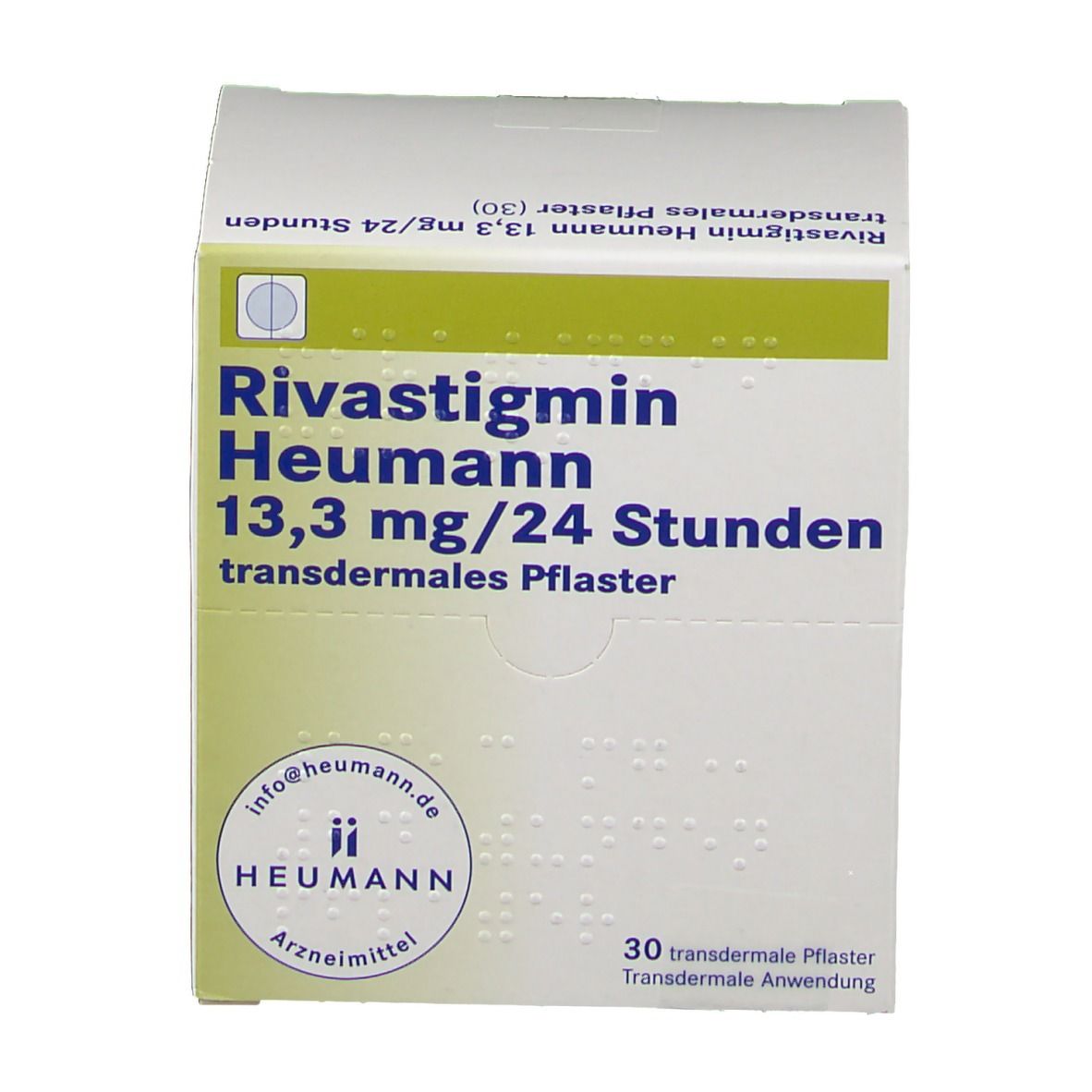 Vorderseite des weißen Kartons mit blauer Schrift: Rivastigmin Heumann 13,3 mg/24 Stunden transdermales Pflaster. 30 Stück.
