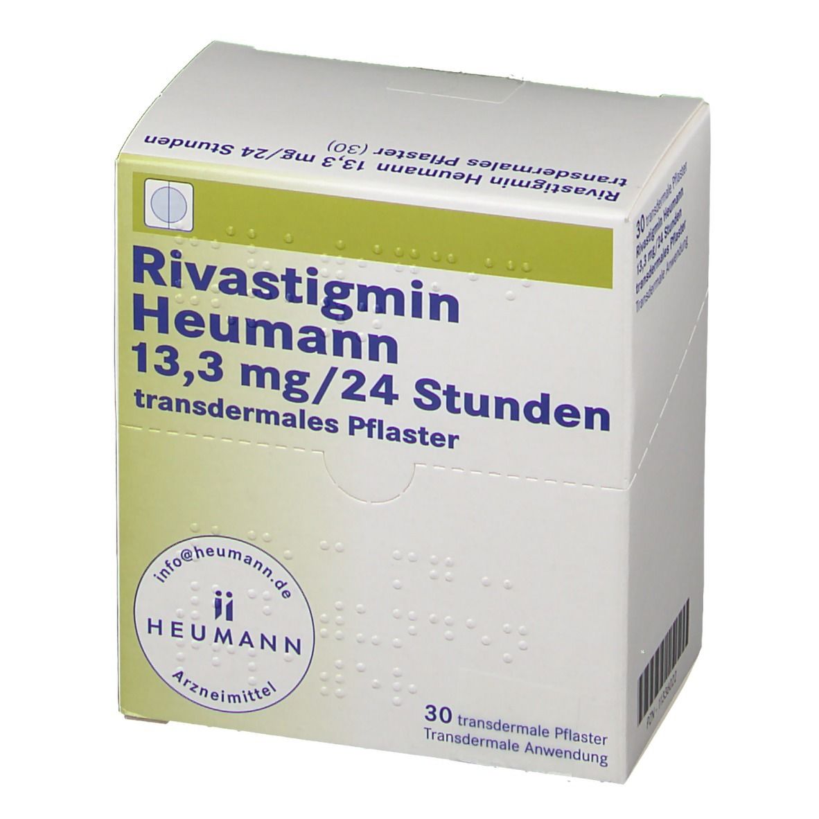 Weißer Karton mit blauer Schrift: Rivastigmin Heumann 13,3 mg/24 Stunden transdermales Pflaster. 30 Stück. Eckansicht.