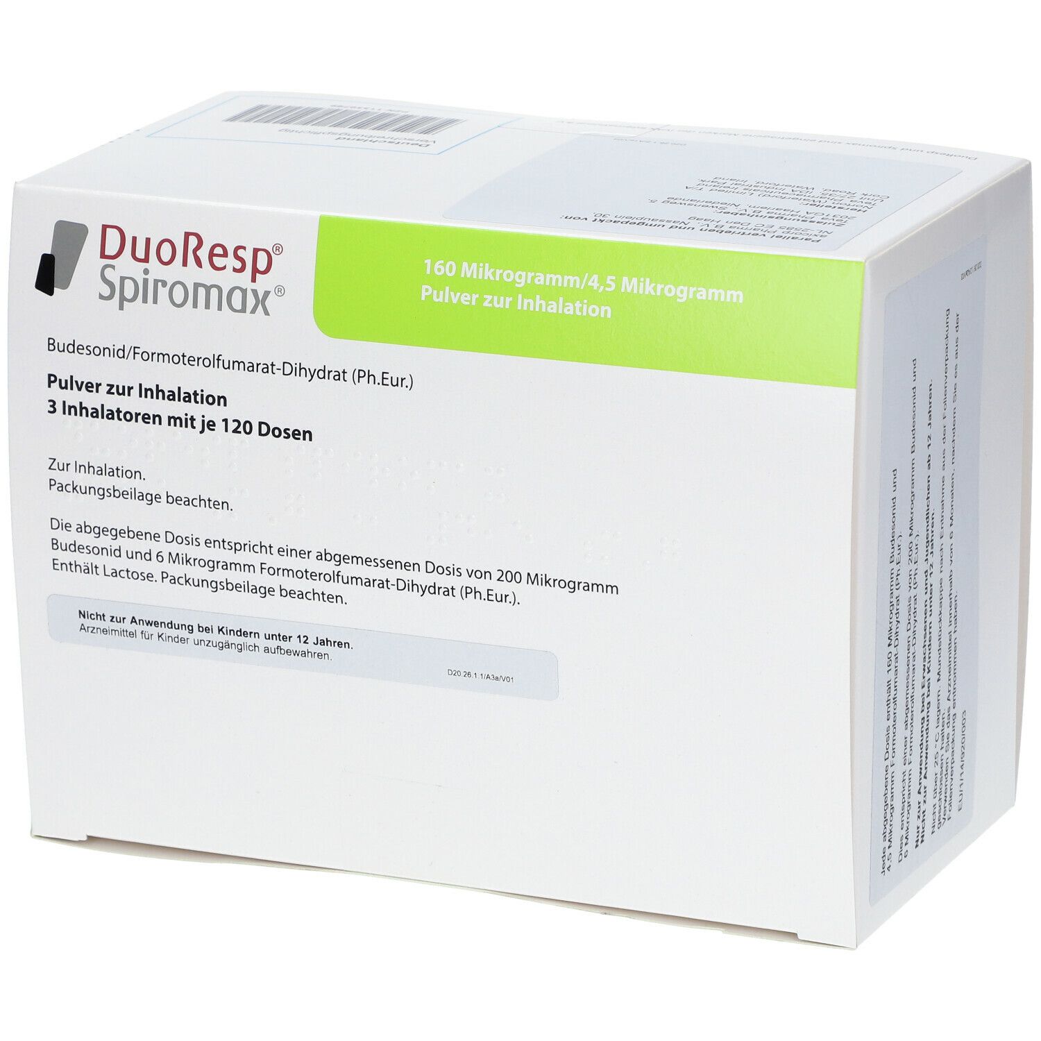 Weiße DuoResp Spiromax Verpackung. Grün-weiße Beschriftung: 160 Mikrogramm/4,5 Mikrogramm, Pulver zur Inhalation. 3 Inhalatoren mit je 120 Dosen.