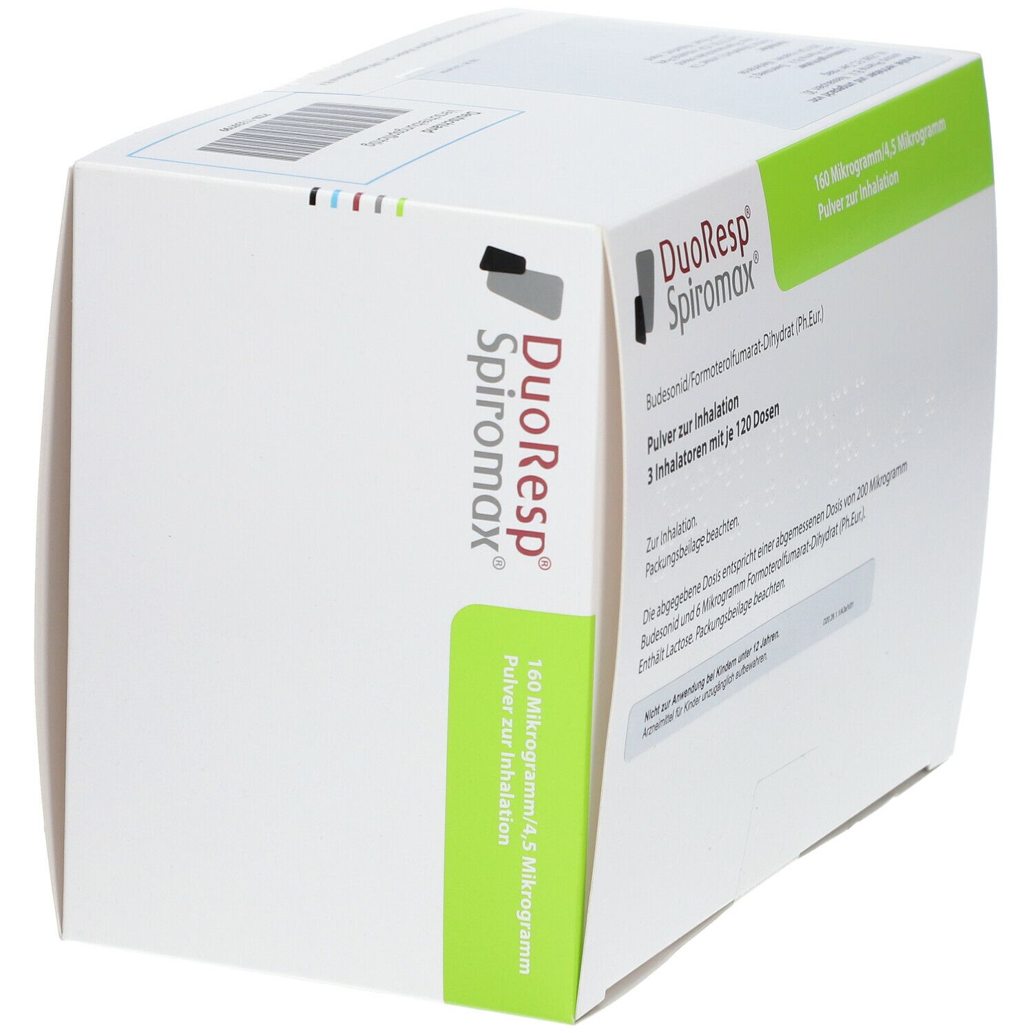 DuoResp Spiromax Verpackung, weiß mit grünen und roten Akzenten. Aufschrift: 160 Mikrogramm/4,5 Mikrogramm, Pulver zur Inhalation. 3 Inhalatoren mit je 120 Dosen.