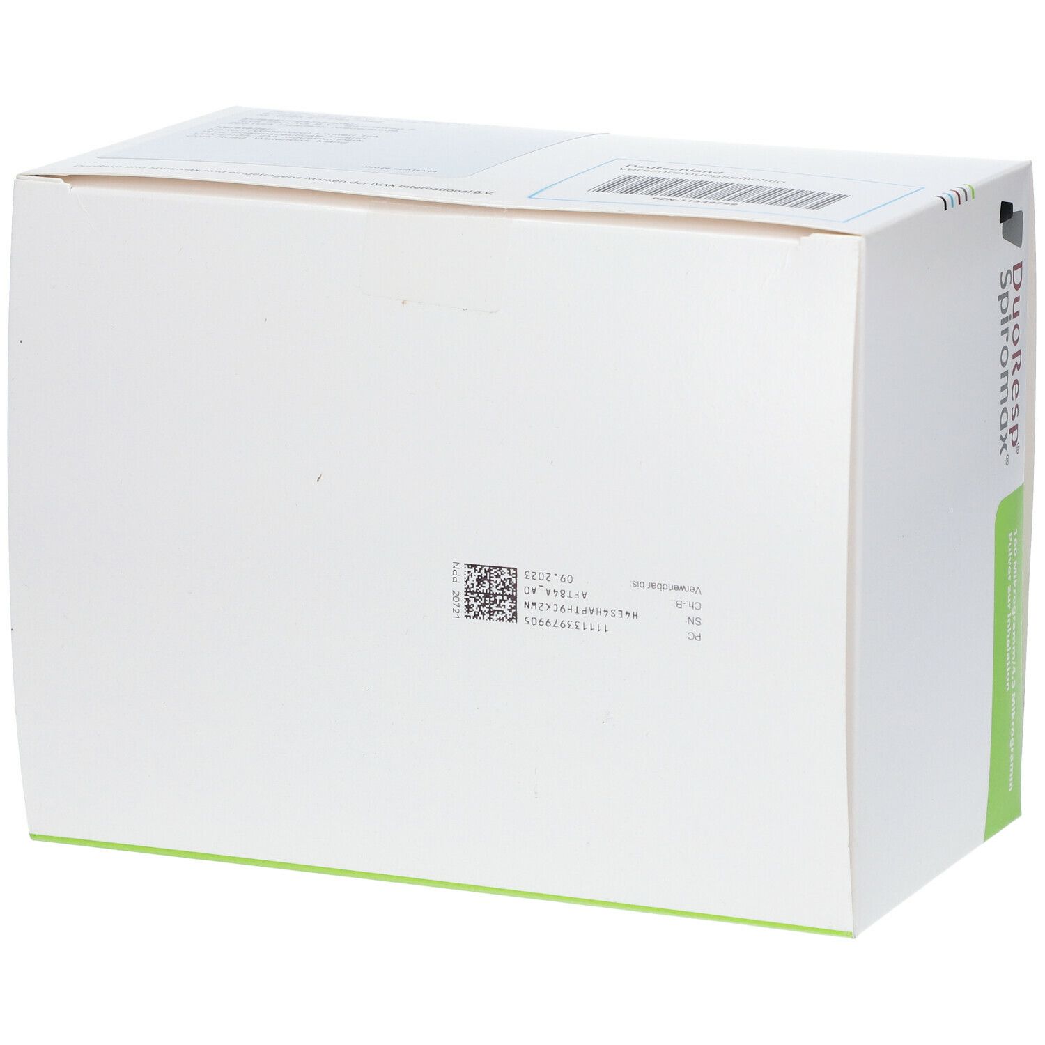 Rückseite der weißen DuoResp Spiromax Verpackung. Barcode und Text. Grün-weiße Beschriftung: 160 Mikrogramm/4,5 Mikrogramm, Pulver zur Inhalation.