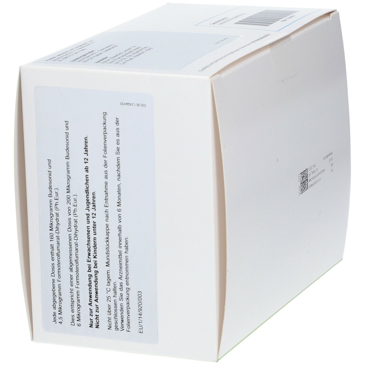 DuoResp Spiromax Verpackung, weiß. Aufschrift: 160 Mikrogramm/4,5 Mikrogramm, Pulver zur Inhalation. Text auf der Verpackung.