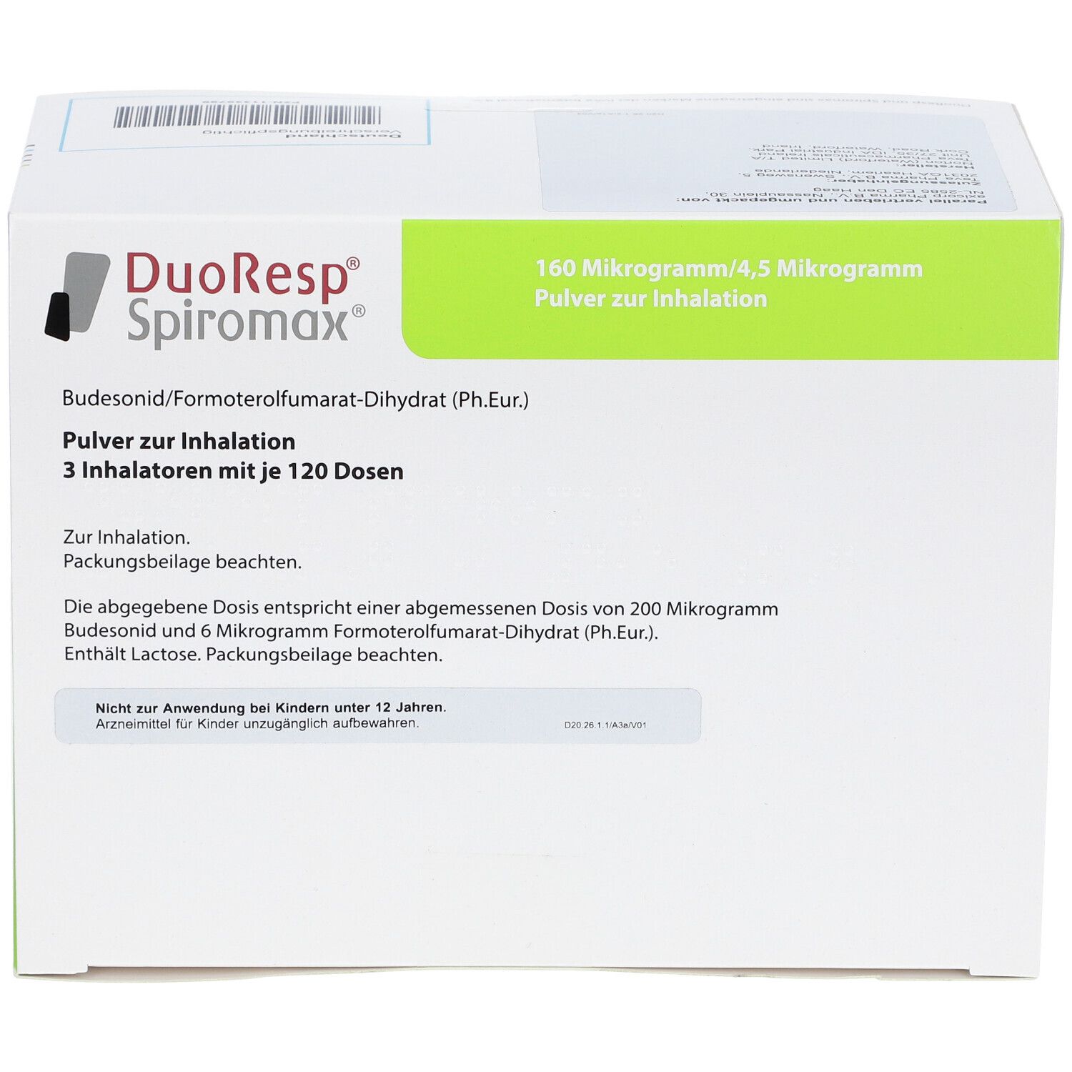 Weiße Schachtel mit DuoResp Spiromax Logo und grünen Akzenten. Text: 160 Mikrogramm/4,5 Mikrogramm, Pulver zur Inhalation.