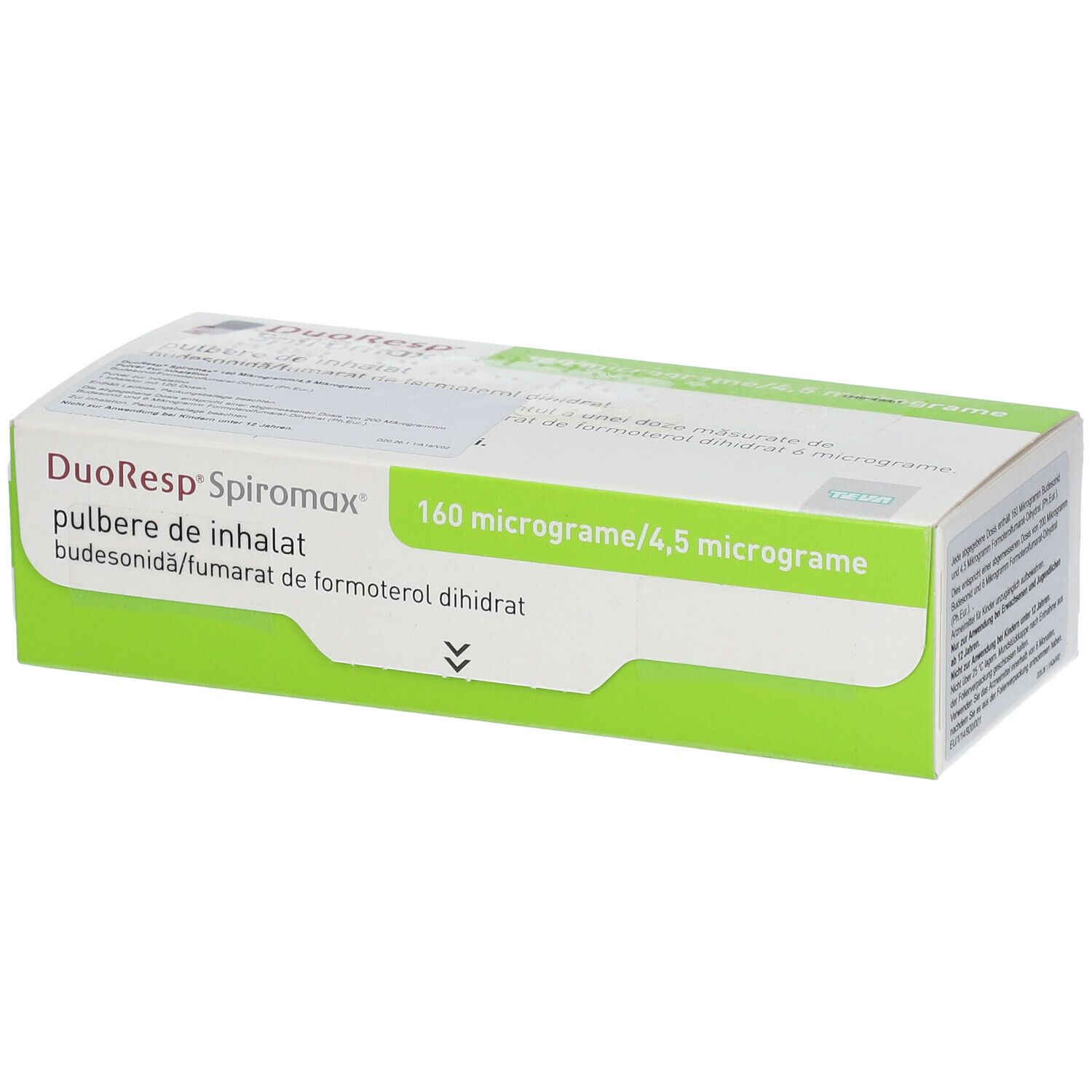 Schachtel mit Produktnamen und Dosierungsangaben. Grün-weiße Farbgebung. Text in mehreren Sprachen.