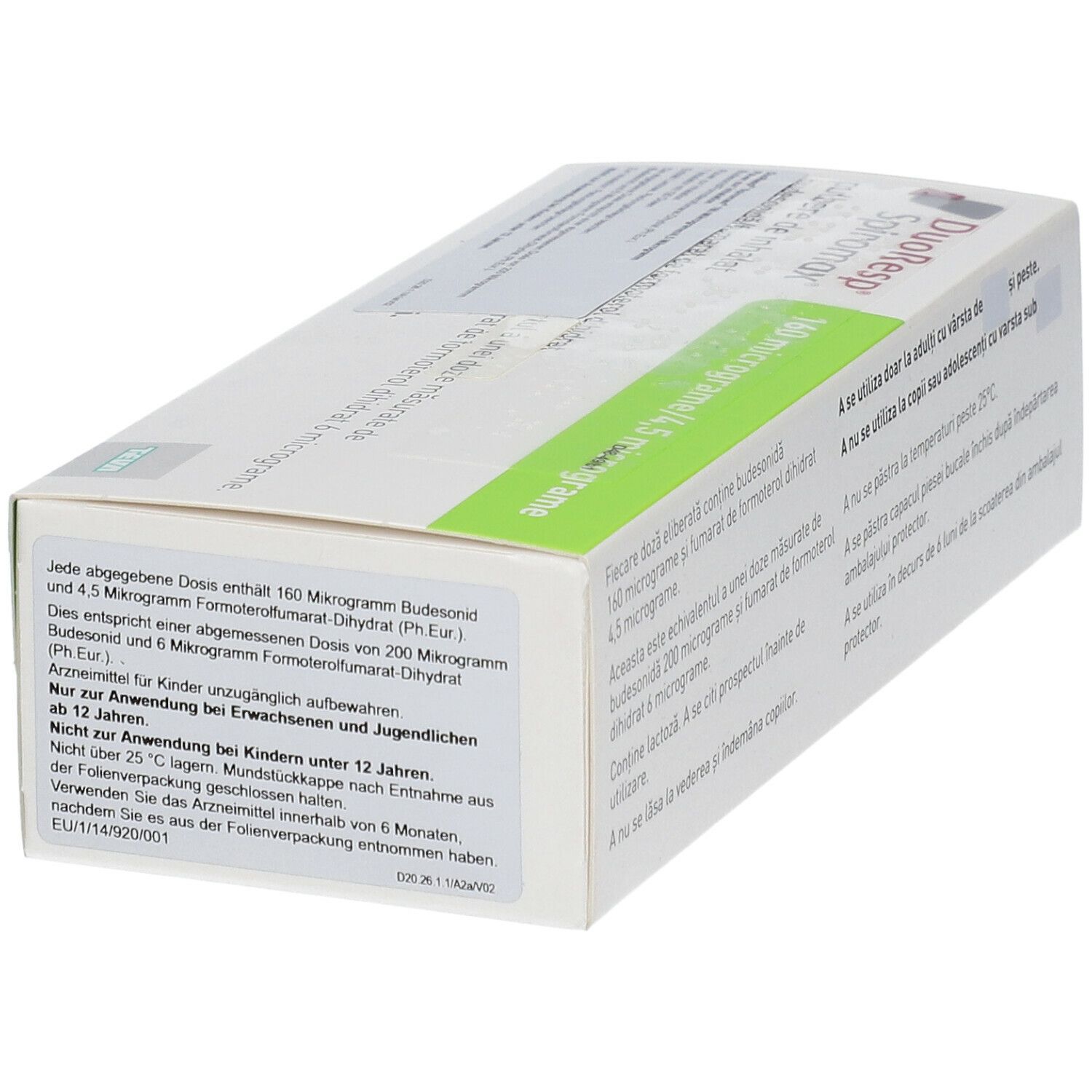 Schachtel, Ansicht von hinten und Seite. Text in mehreren Sprachen. Grün-weiße Farbgebung. Warnhinweise.