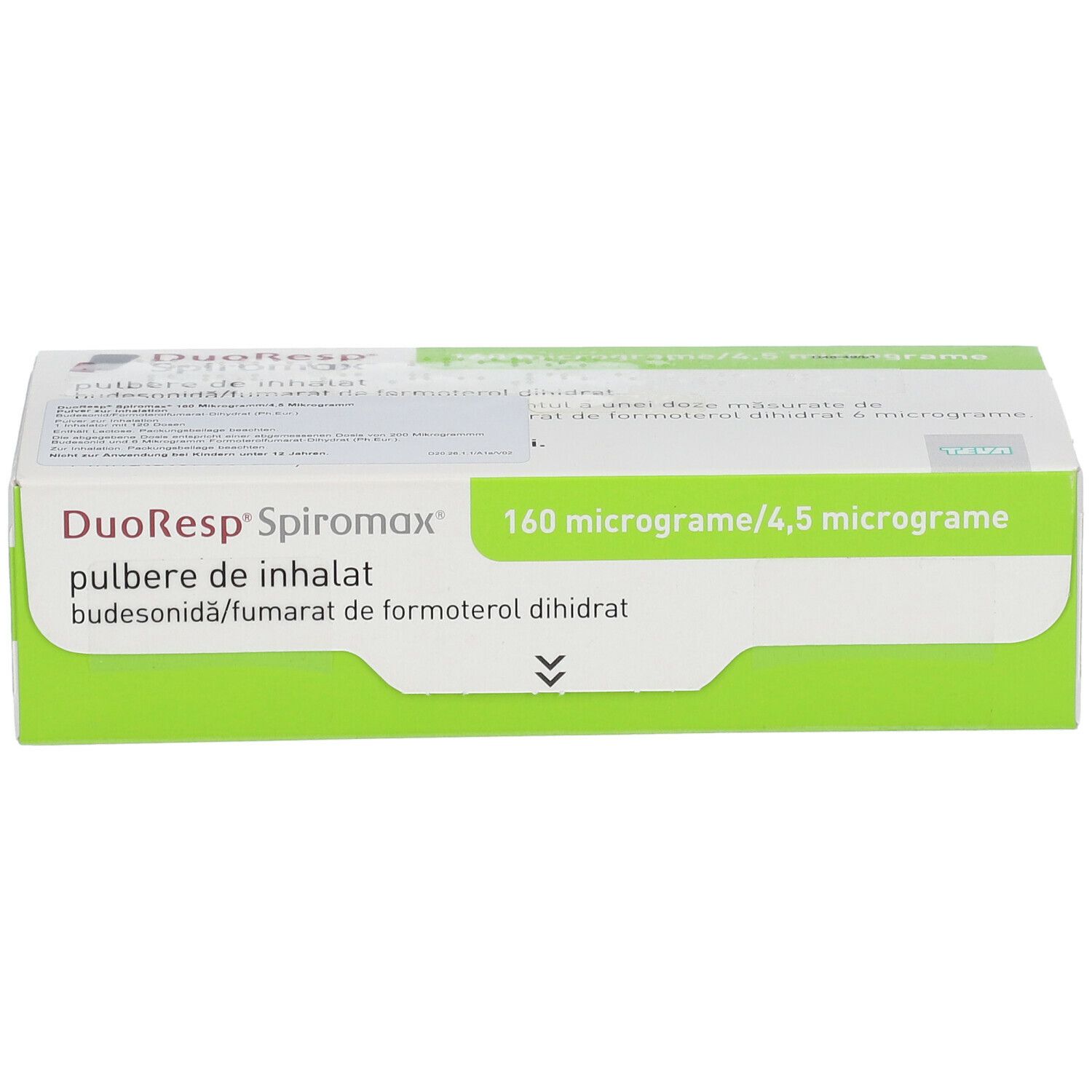 Schachtel, Ansicht von vorne. Produktname und Dosierung deutlich sichtbar. Grün-weiße Farbgebung. Text in mehreren Sprachen.