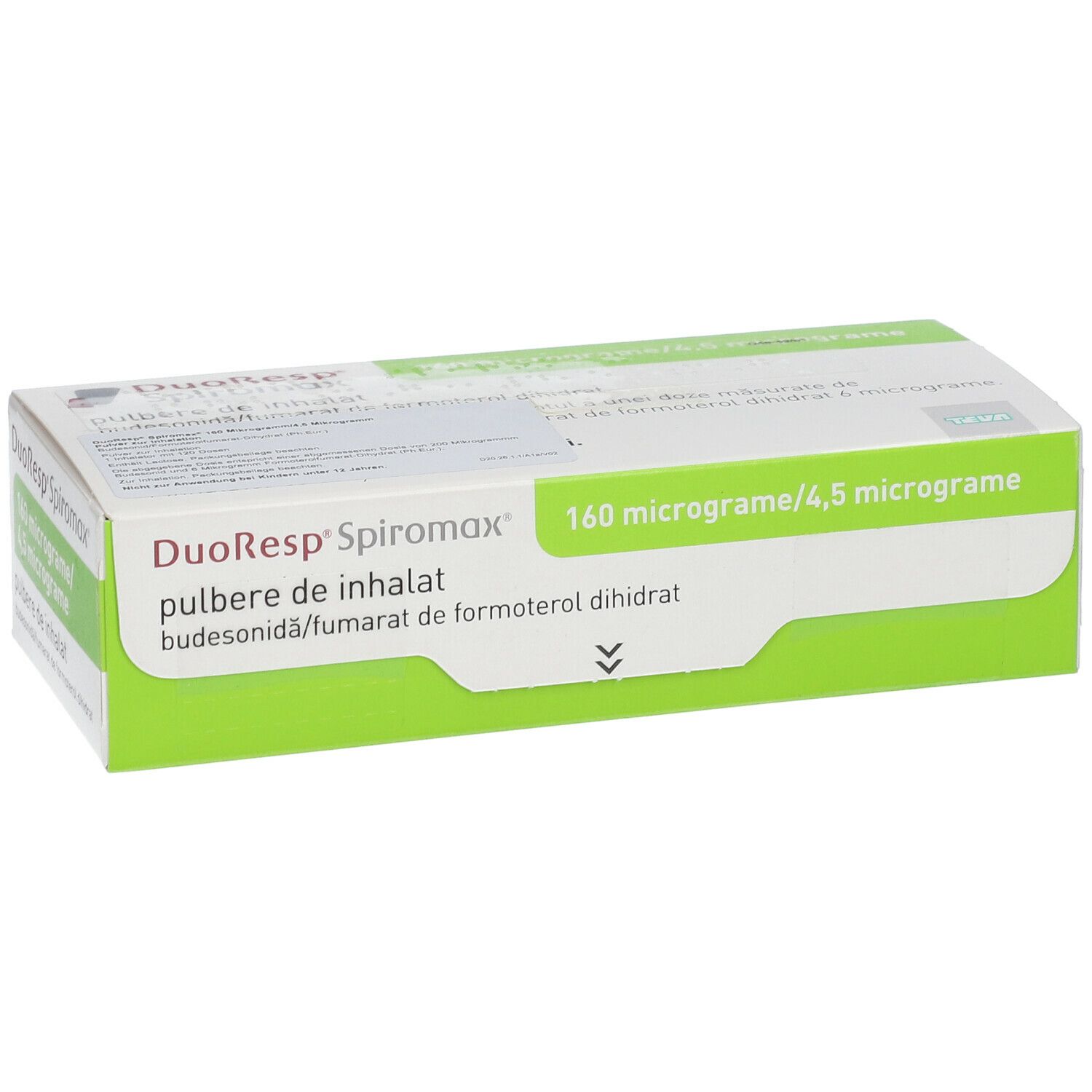 Schachtel, Ansicht von vorne. Produktname und Dosierung deutlich sichtbar. Grün-weiße Farbgebung. Text in mehreren Sprachen.