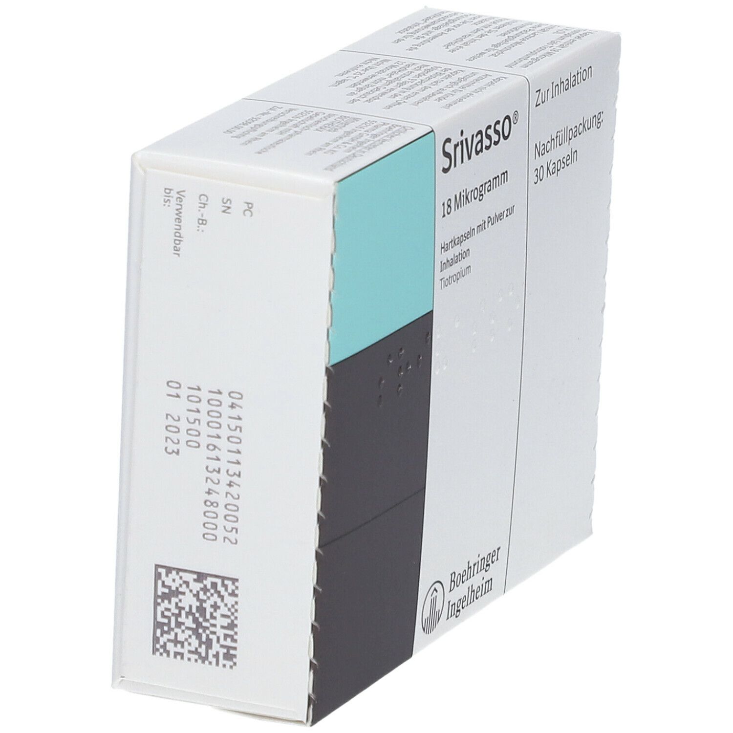 Srivasso® 18 Mikrogramm-Packung. Weiße Schachtel mit blauen und grauen Akzenten. Text: "Zur Inhalation", "30 Kapseln". Hersteller: Boehringer Ingelheim.