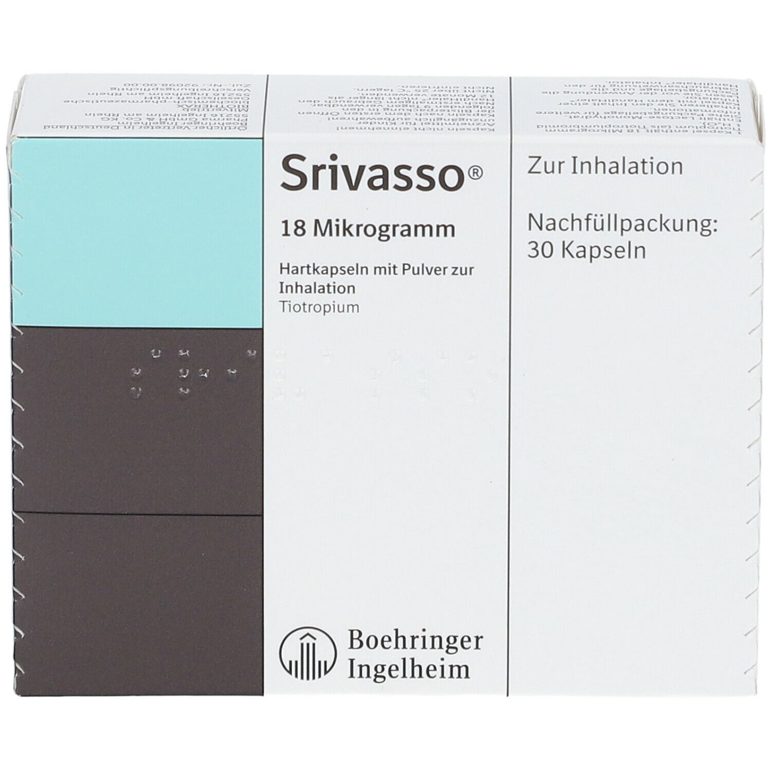 Srivasso® 18 Mikrogramm-Packung. Weiße Schachtel mit blauen und grauen Akzenten. Text: "Zur Inhalation", "30 Kapseln". Hersteller: Boehringer Ingelheim.