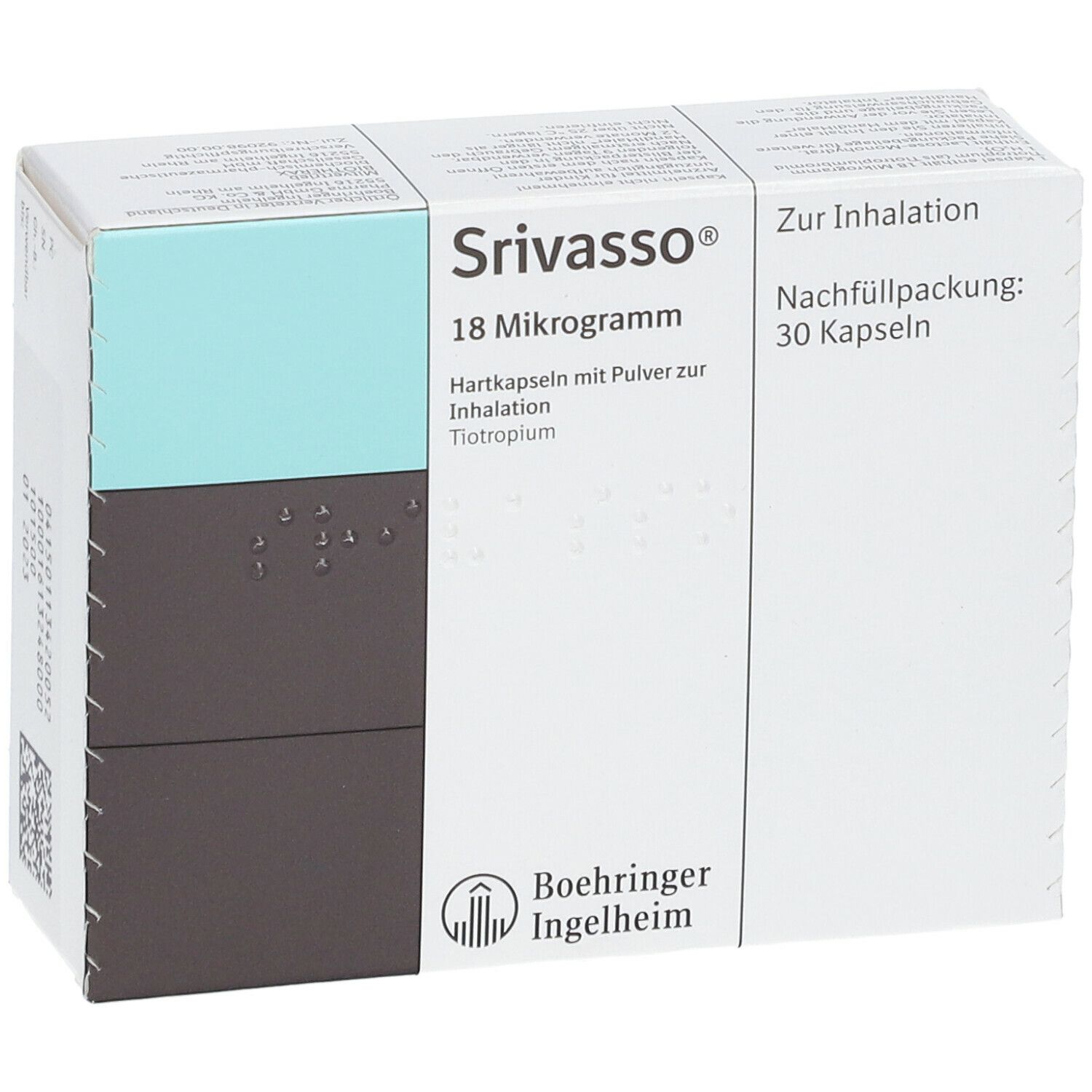 Srivasso® 18 Mikrogramm-Packung. Weiße Schachtel mit blauen und grauen Akzenten. Text: "Zur Inhalation", "30 Kapseln". Hersteller: Boehringer Ingelheim.