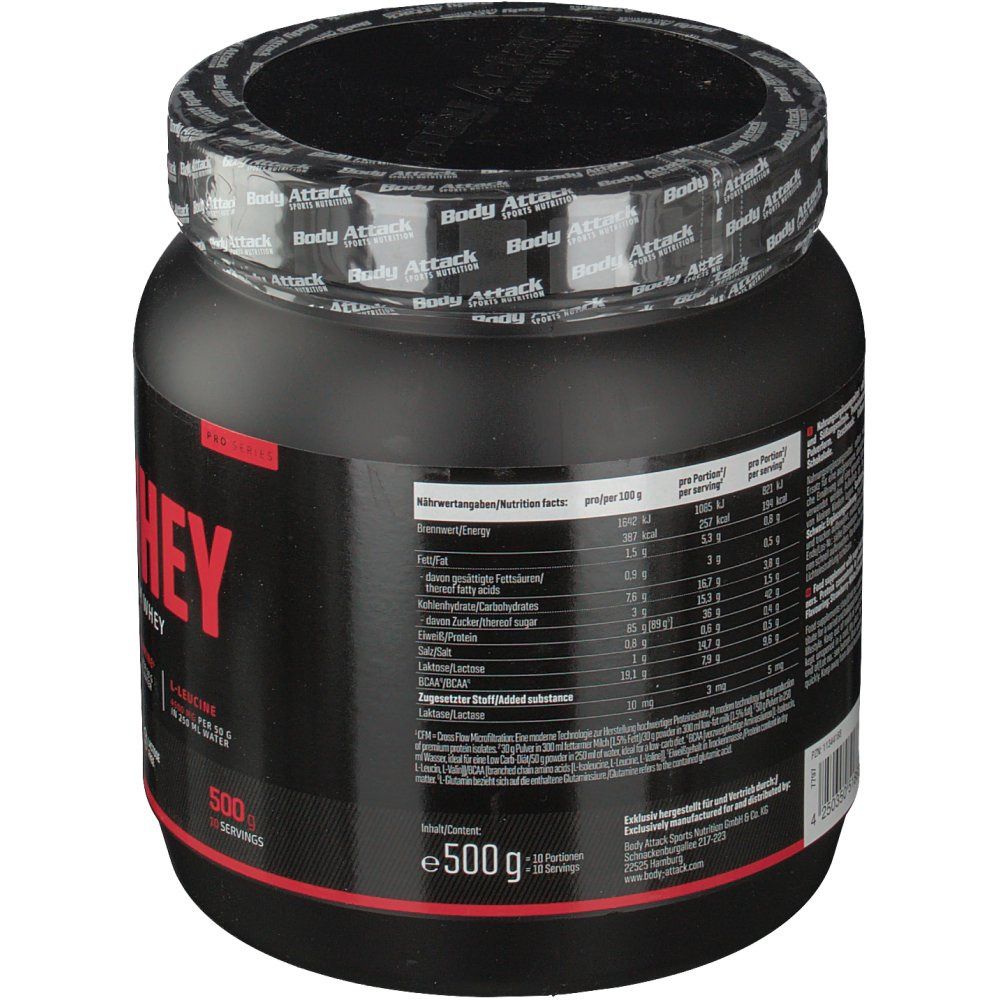 Schwarze Dose, Rückseite mit Nährwertangaben. Text in Deutsch. 500g. Informationen zu Fett, Kohlenhydraten, Eiweiß.