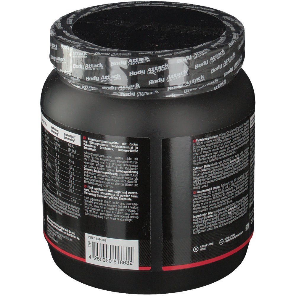 Schwarze Dose, Rückseite mit Text. Text in Deutsch. Informationen zu Zutaten und Allergenen. Glutenfrei.