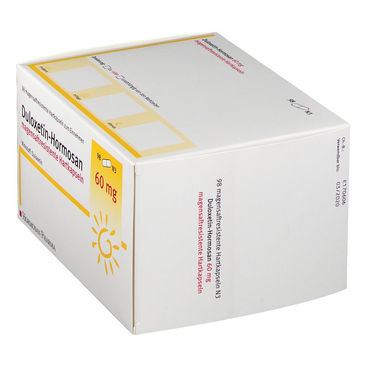 Weißer Karton, schräg von oben. Aufdruck: DULOXETIN HORMOSAN 60 mg, 98 magensaftresistente Hartkapseln. Hormosan Pharma Logo.