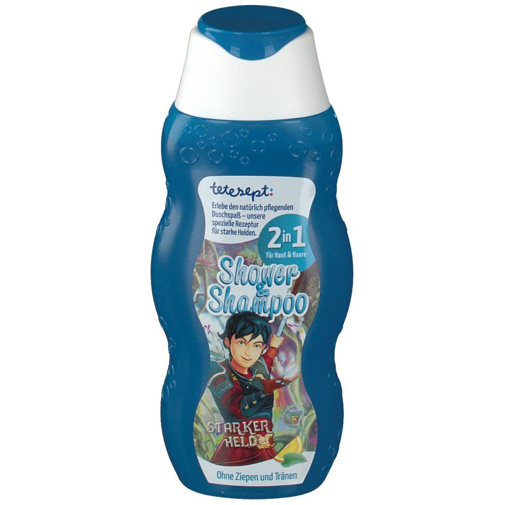 Blaue Flasche tetesept® Shower & Shampoo Starker Held. 2in1 für Haut & Haar. Mit Abbildung eines Helden.