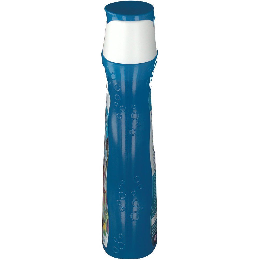 Blaue Flasche tetesept® Shower & Shampoo Starker Held. Ansicht von oben. Weißer Verschluss.