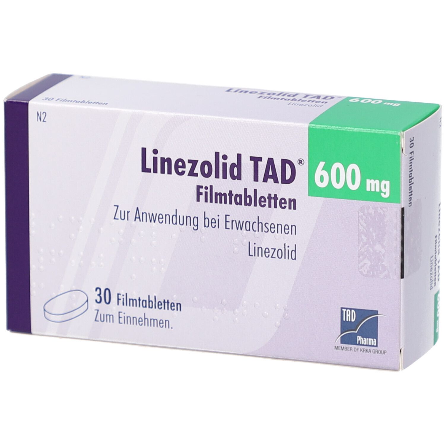 Schachtel mit Linezolid TAD 600 mg Filmtabletten. Aufschrift: 30 Filmtabletten, zur Anwendung bei Erwachsenen. Logo: TAD Pharma.