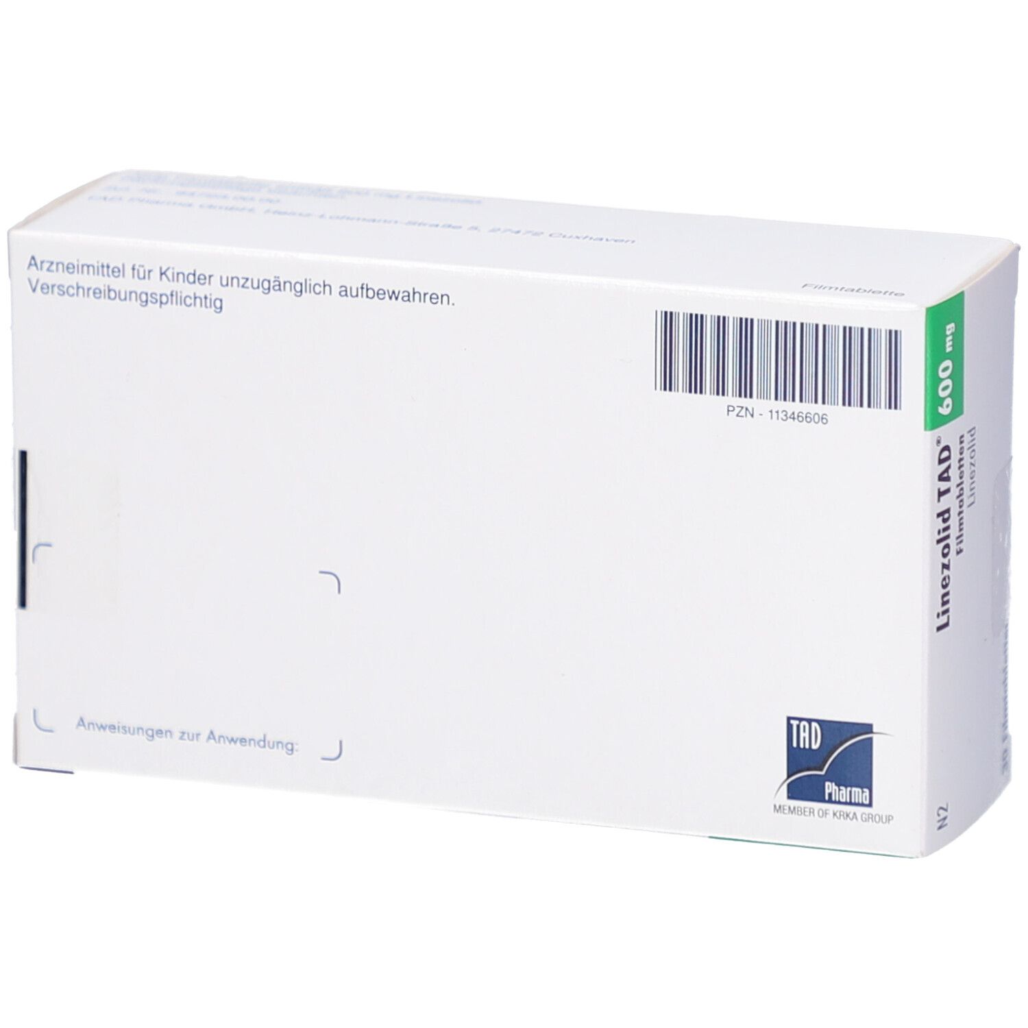 Rückseite der Schachtel mit Linezolid TAD 600 mg. Aufschrift: Für Kinder unzugänglich aufbewahren. Logo: TAD Pharma.