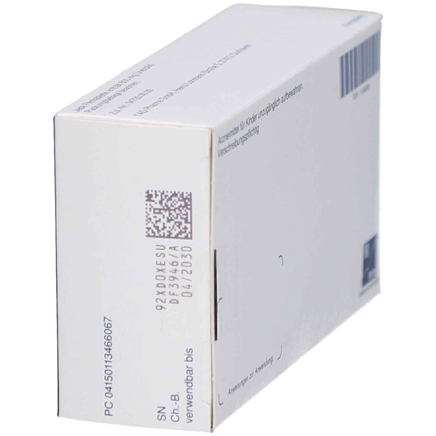 Seitenansicht der Schachtel mit Linezolid TAD 600 mg. Aufdruck mit Chargennummer, Verfallsdatum und Barcode.