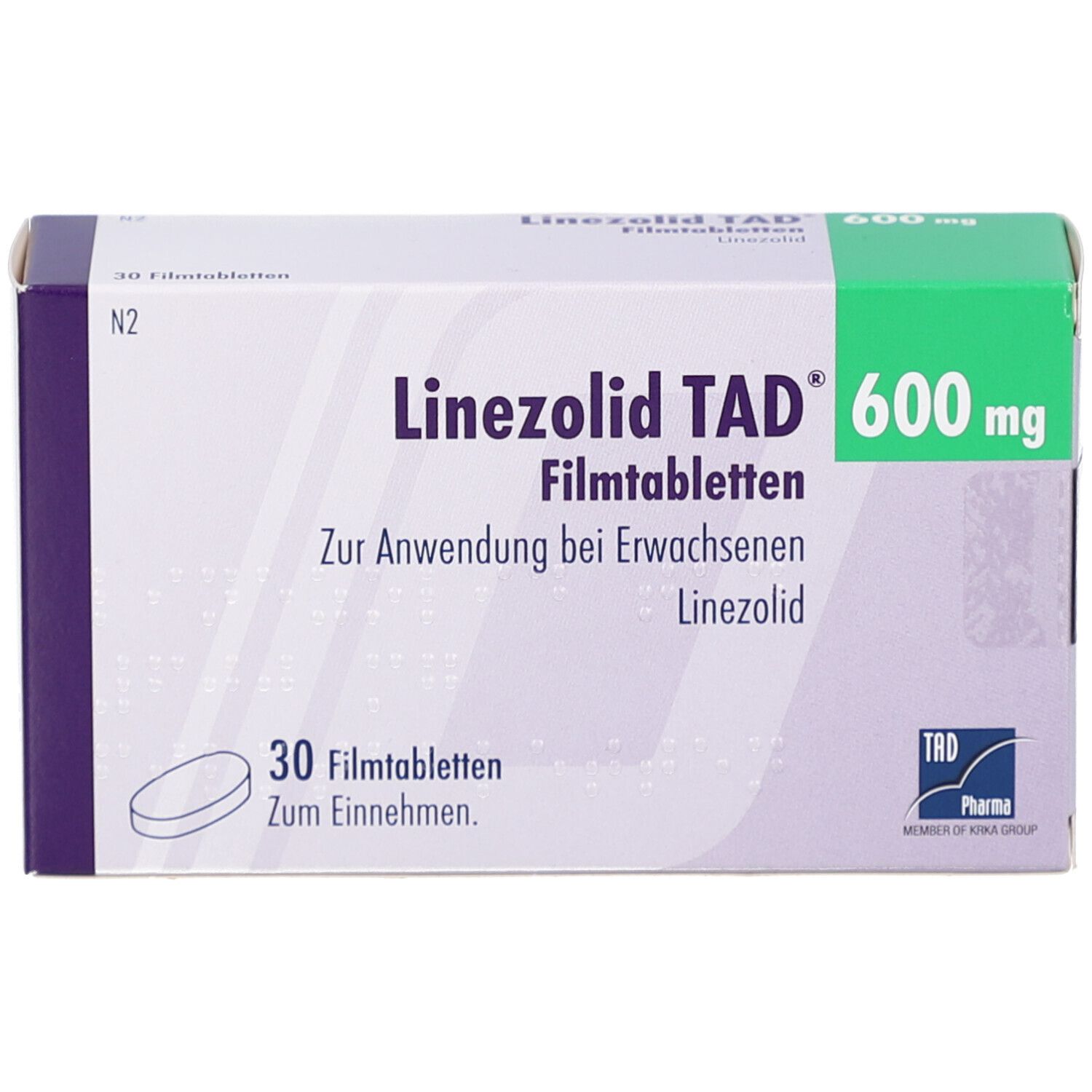 Schachtel mit Linezolid TAD 600 mg Filmtabletten. Aufschrift: 30 Filmtabletten, zur Anwendung bei Erwachsenen. Logo: TAD Pharma.