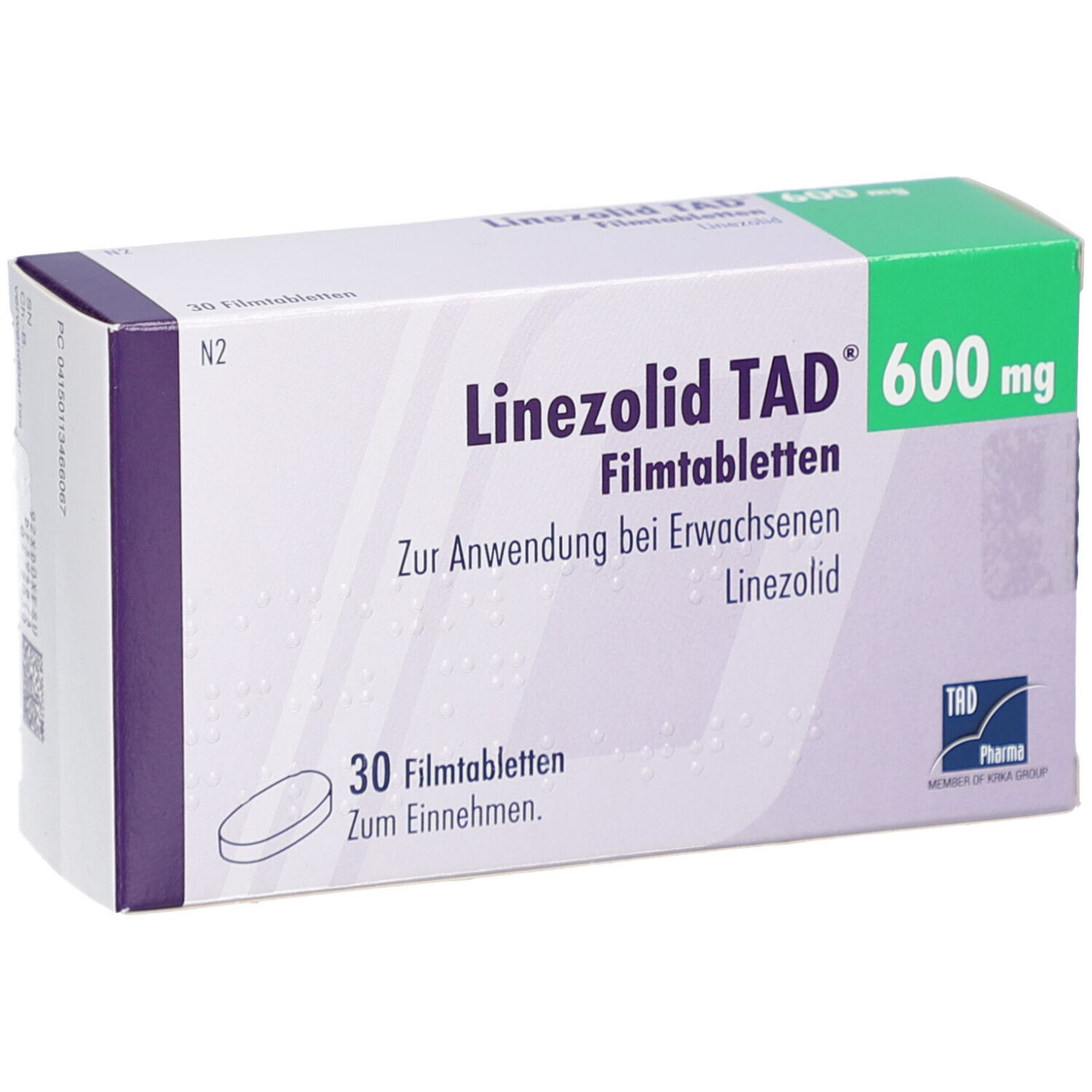 Schachtel mit Linezolid TAD 600 mg Filmtabletten. Aufschrift: 30 Filmtabletten, zur Anwendung bei Erwachsenen. Logo: TAD Pharma.