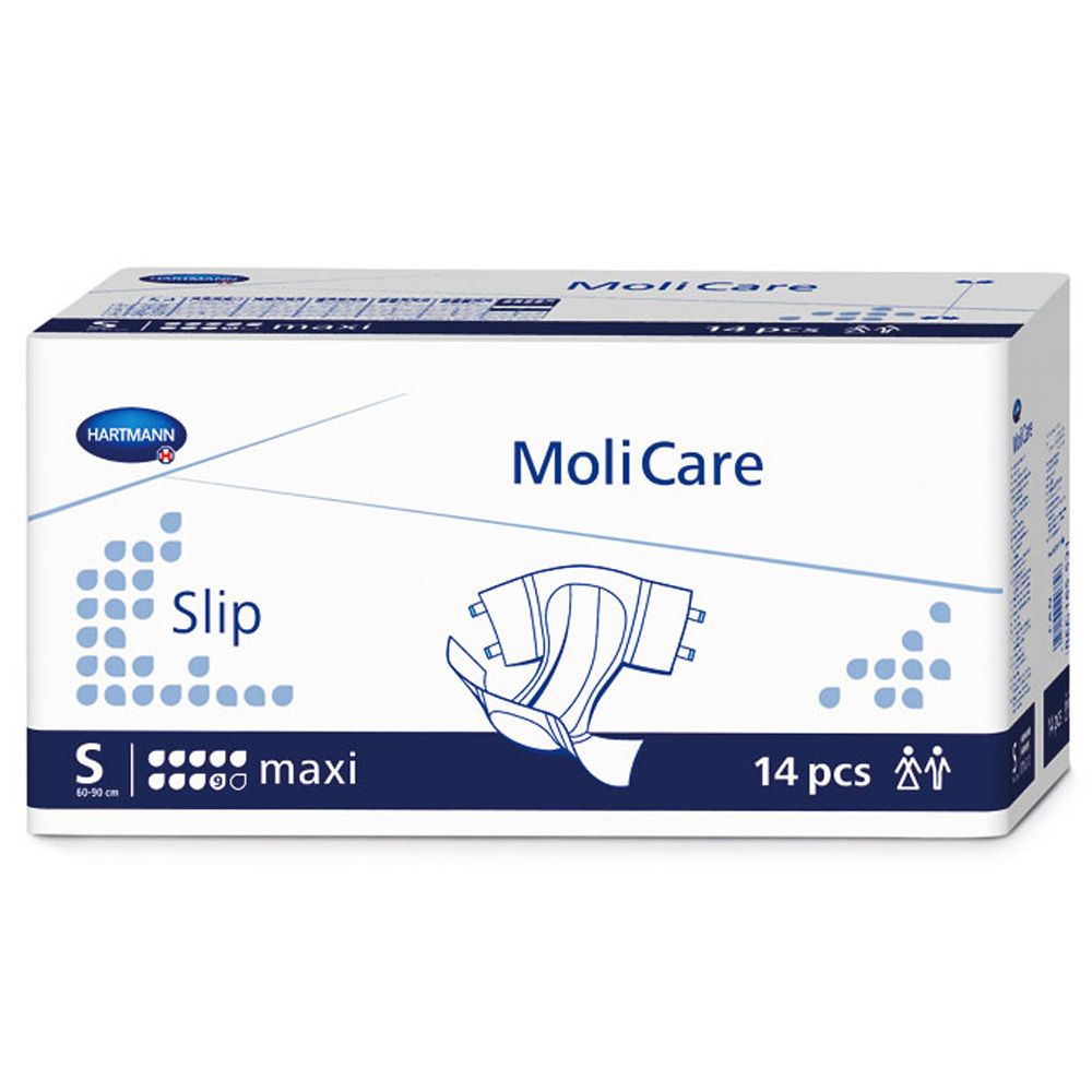 Verpackung MoliCare Slip maxi Gr. S. Enthält 14 Stück. Marke Hartmann. Produktabbildung und Größenangabe.
