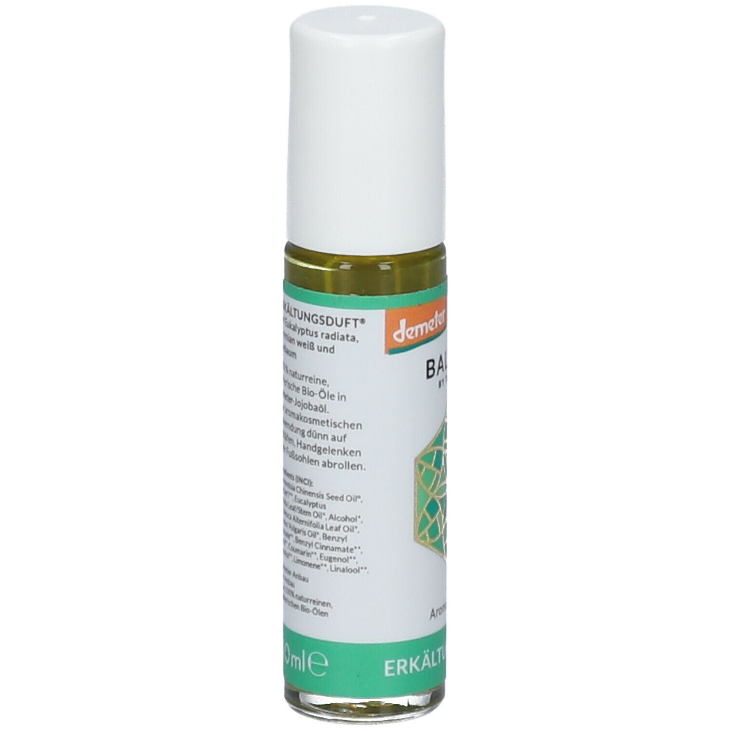 Roll-on-Flasche mit Inhaltsstoffangaben. Aufschrift: BALDINI by TAOASIS, Erkältungsduft. Etikett mit Inhaltsstoffen.