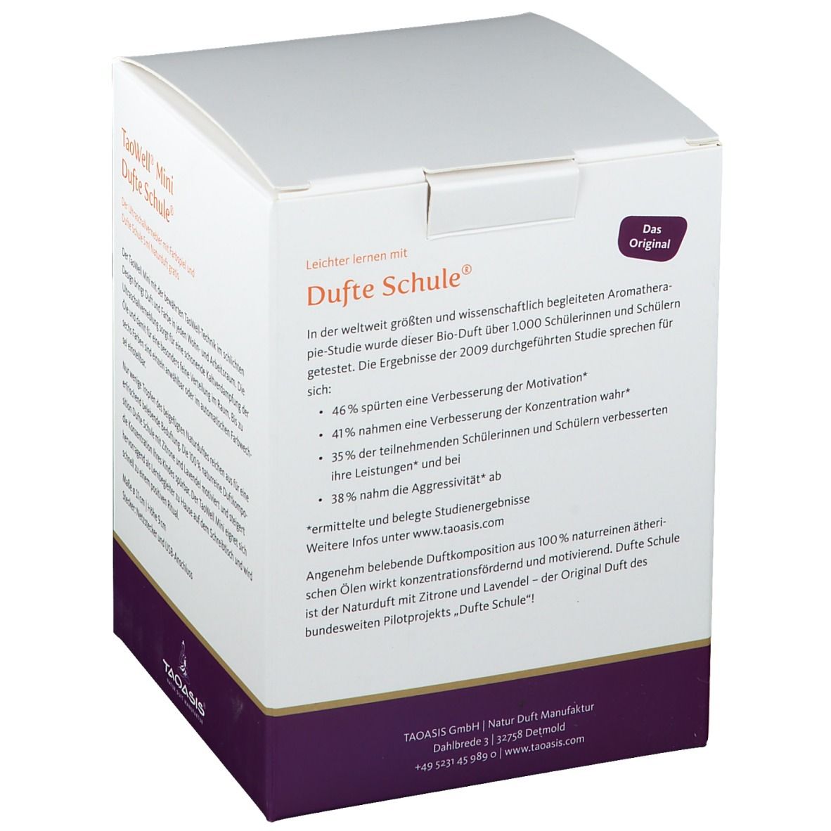 Verpackung TaoWell Mini Duftschule. Text: Duftschule. Ergebnisse einer Studie. Das Original. Logo.