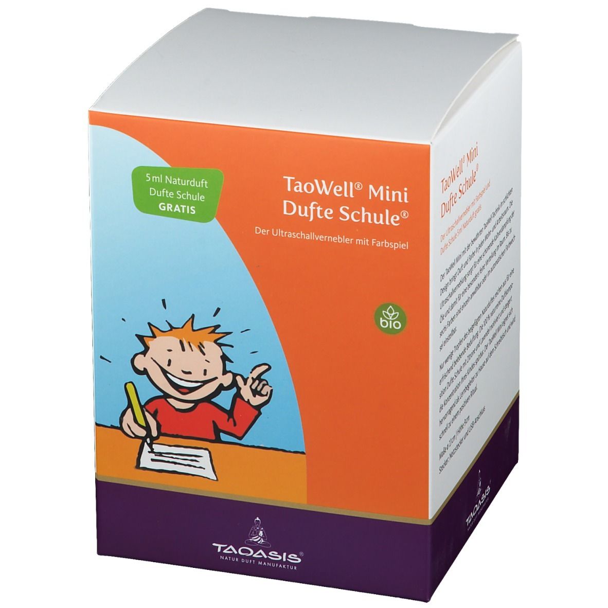 Verpackung TaoWell Mini Duftschule. Illustration: Junge zeichnet. Text: 5ml Naturduft gratis. Bio-Siegel.