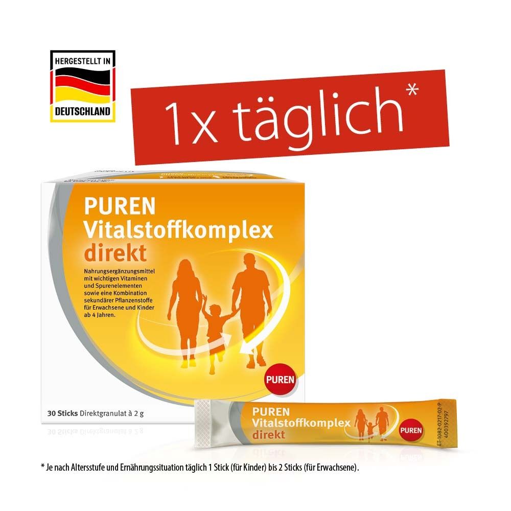 Schachtel und Stick PUREN Vitalstoffkomplex direkt. Roter Aufkleber: 1x täglich. Hergestellt in Deutschland.