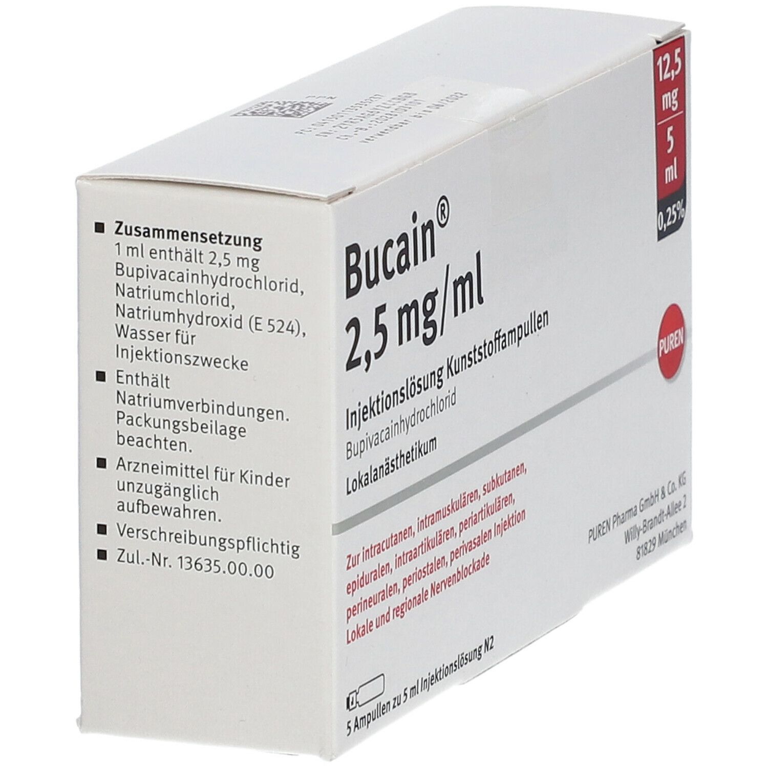 Bucain 0,25% 2,5mg/ml Inj.L.12,5mg/5ml Luer-Lock A 5x5 ml Injektionslösung