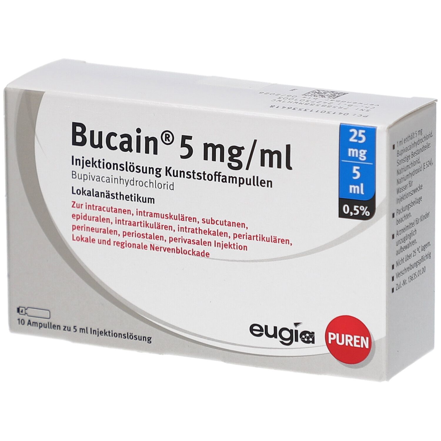 Schachtel mit Bucain® 5 mg/ml. Aufschrift: Injektionslösung, Bupivacainhydrochlorid. 10 Ampullen. Eugia Puren Logo.
