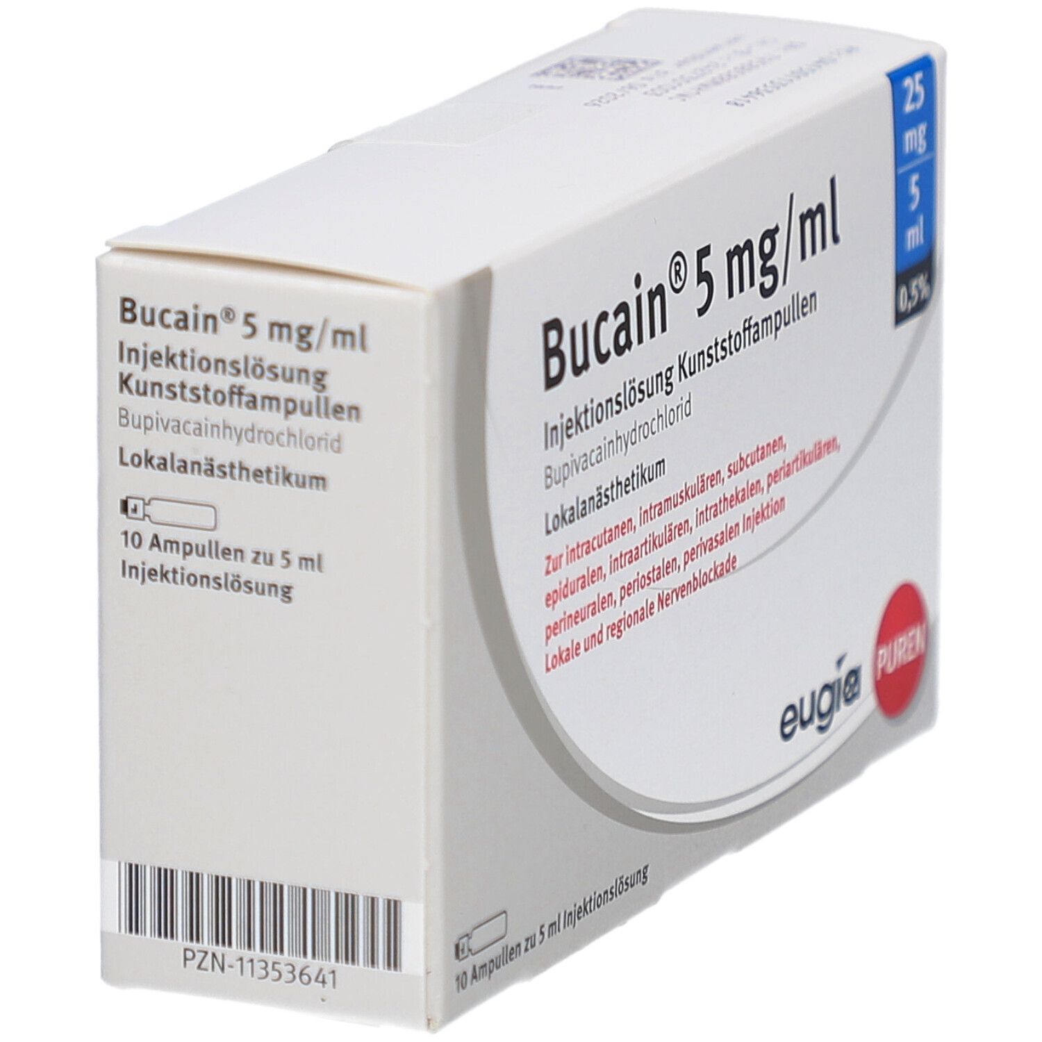 Schachtel Bucain® 5 mg/ml, Injektionslösung. Aufschrift: Bupivacainhydrochlorid. 10 Ampullen. Barcode und PZN-11353641.